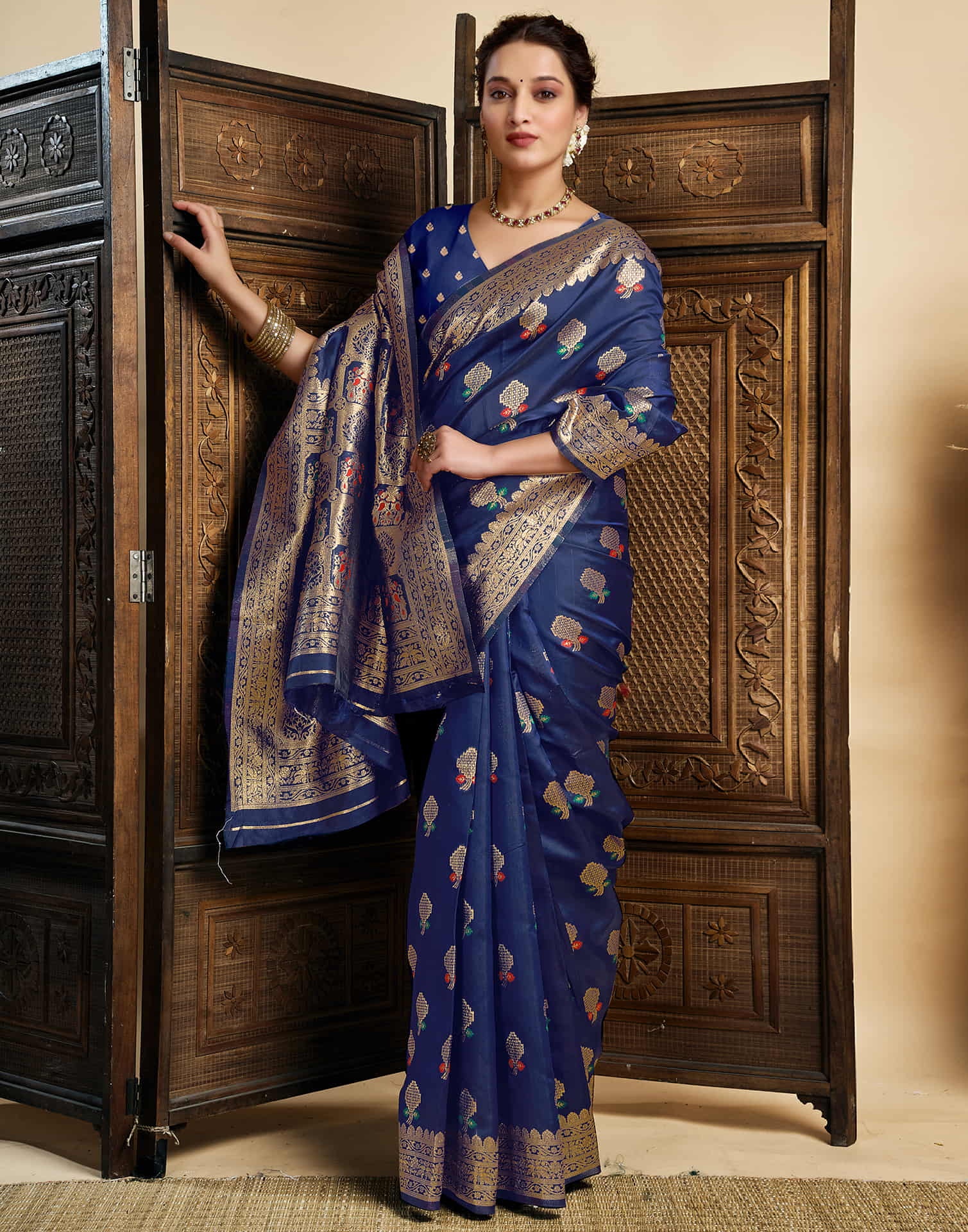 Navy Blue Silk Woven Banarasi Saree