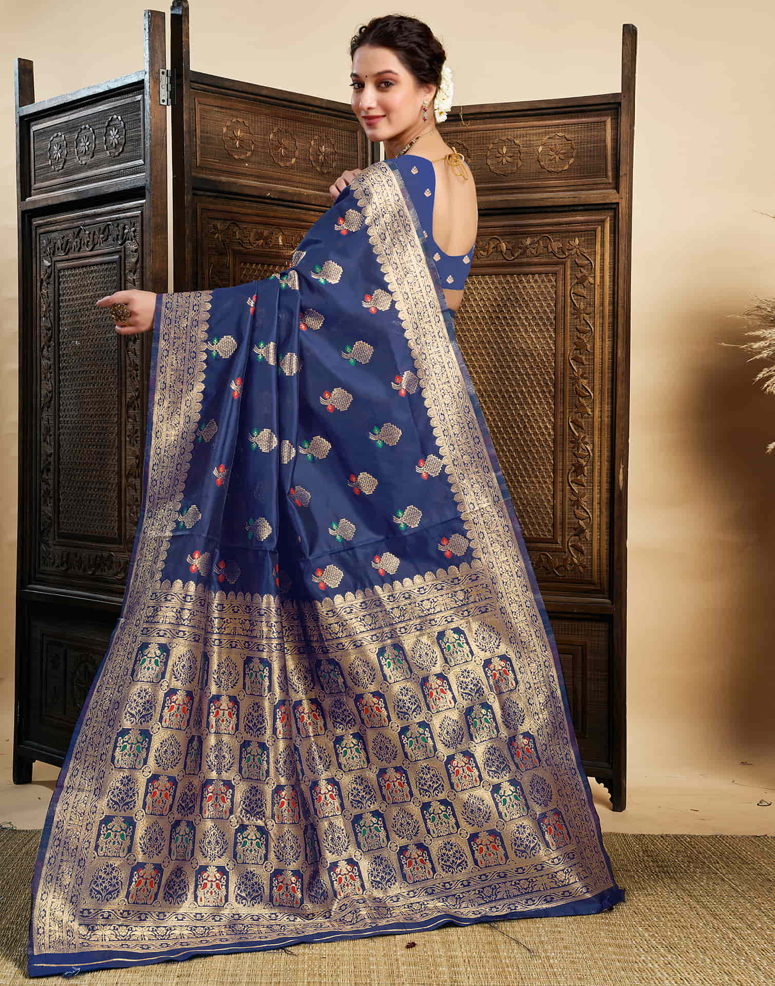 Navy Blue Silk Woven Banarasi Saree