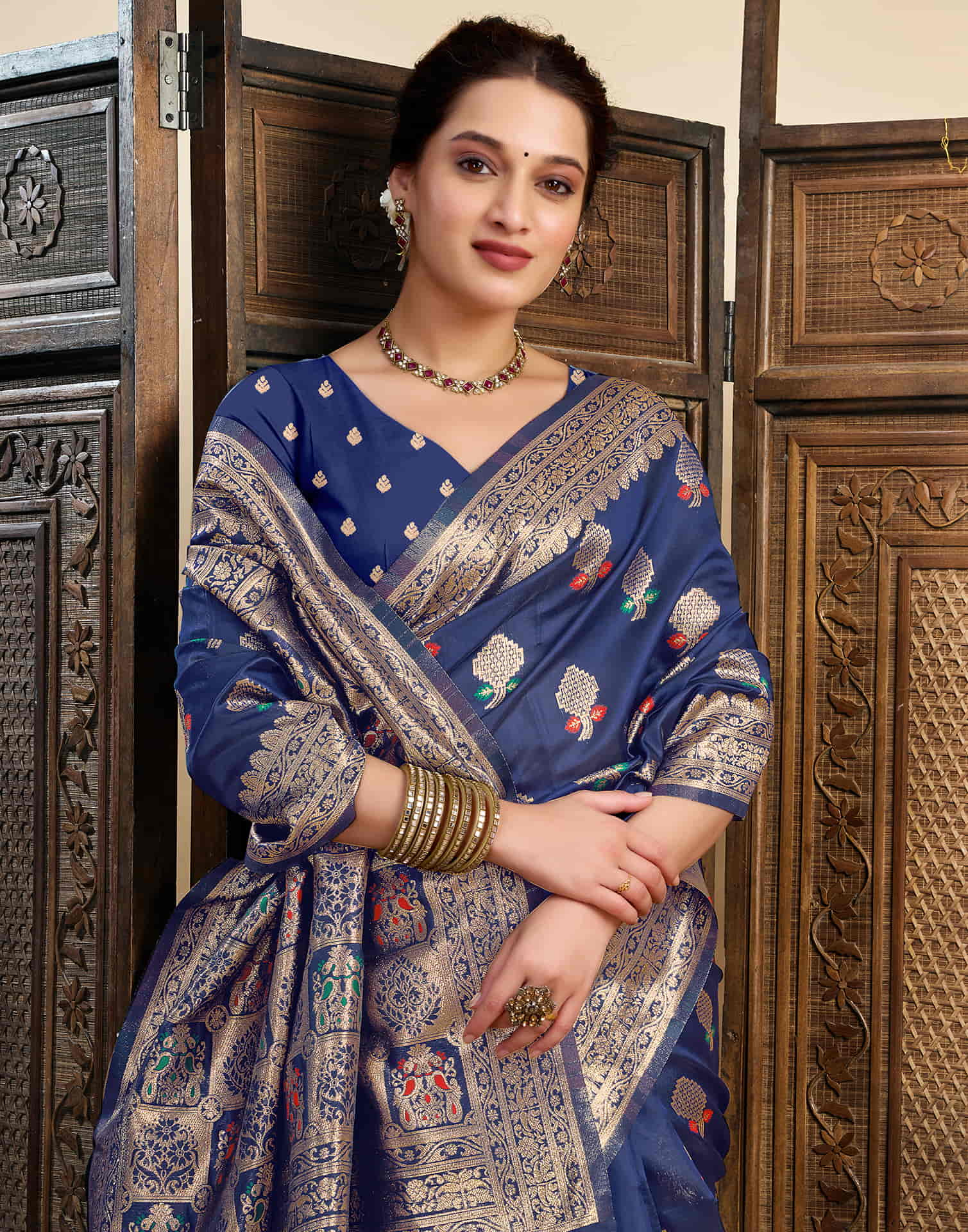 Navy Blue Silk Woven Banarasi Saree