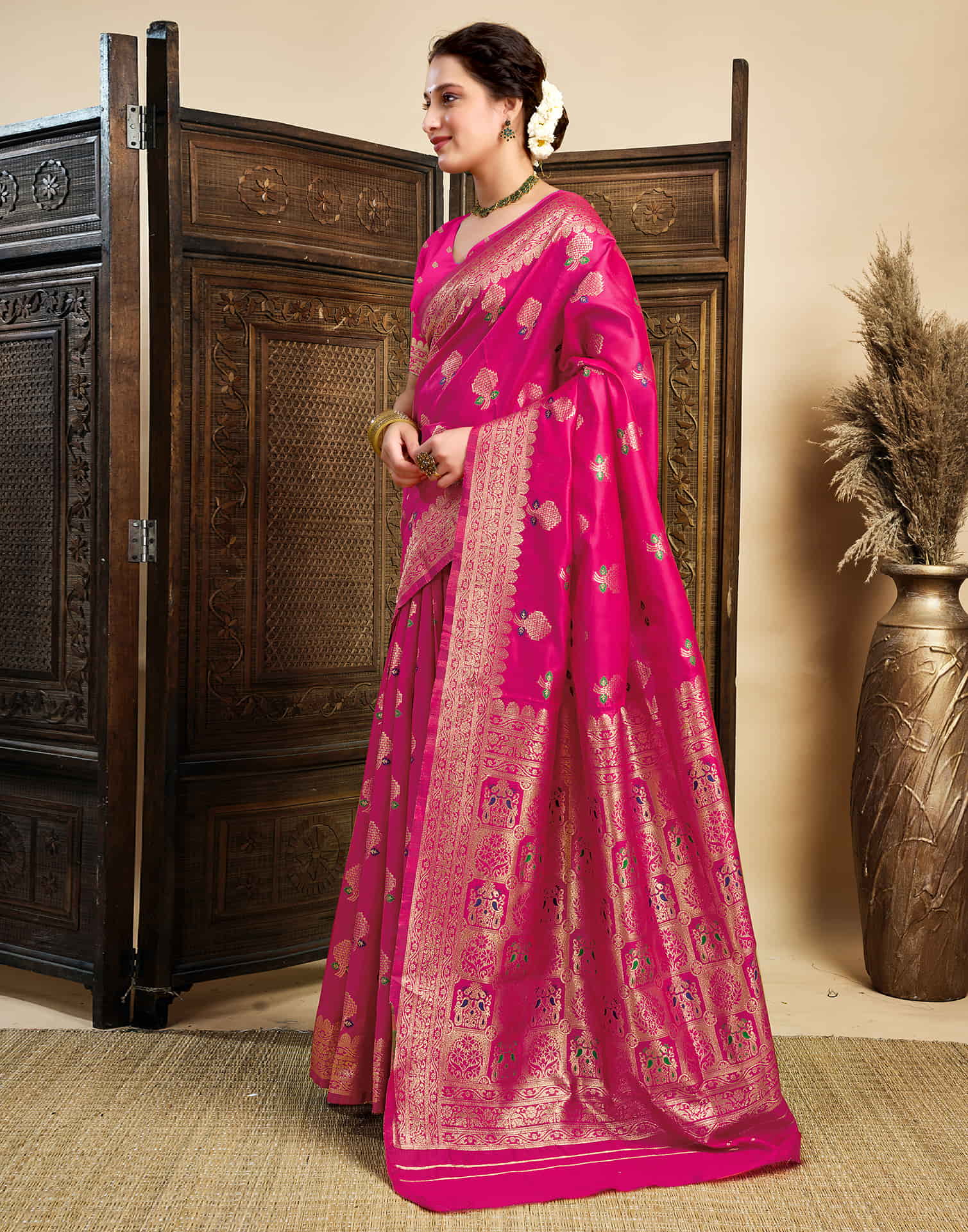 Rani Pink Silk Woven Banarasi Saree