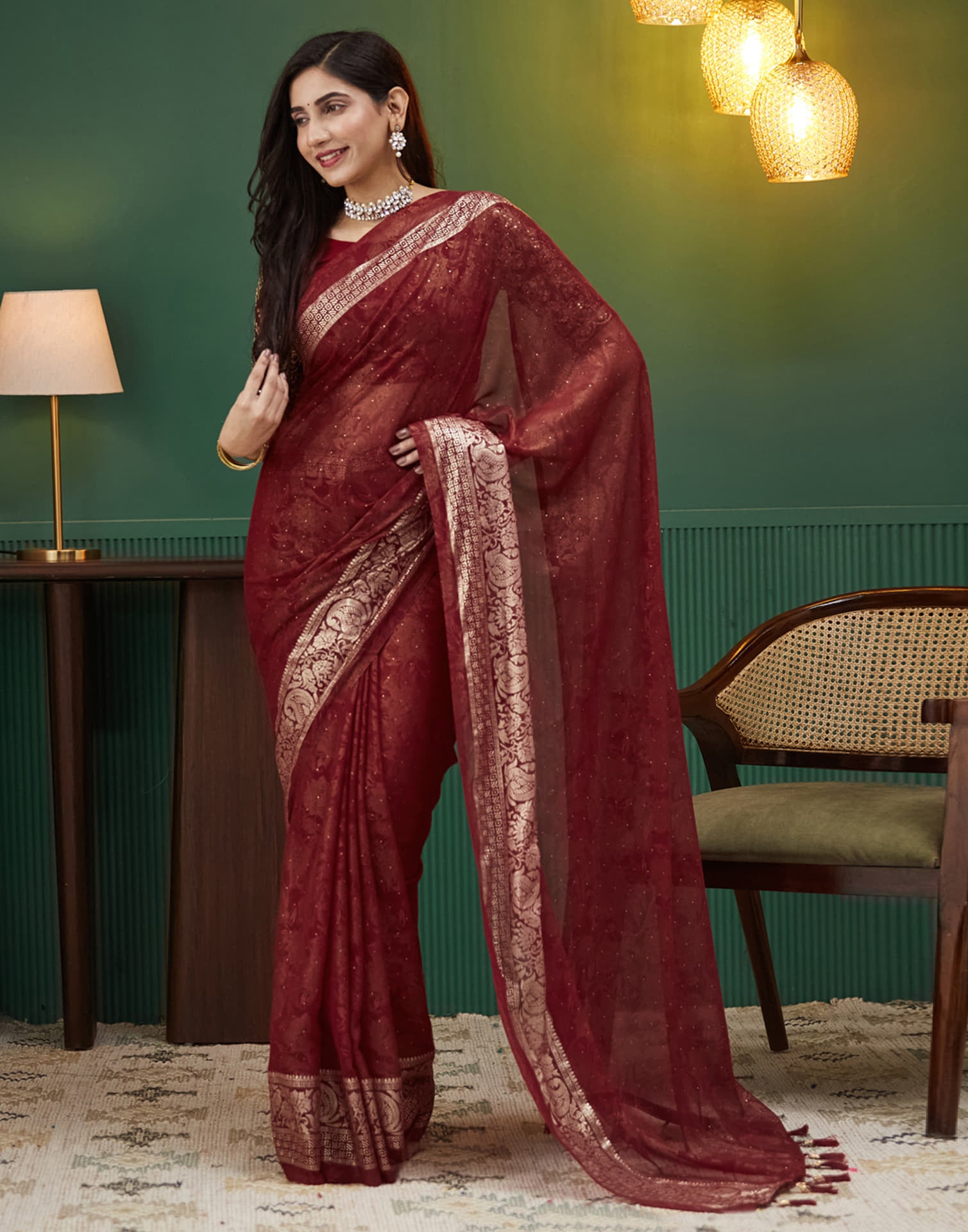 Maroon Georgette Stone Work Embellished Saree