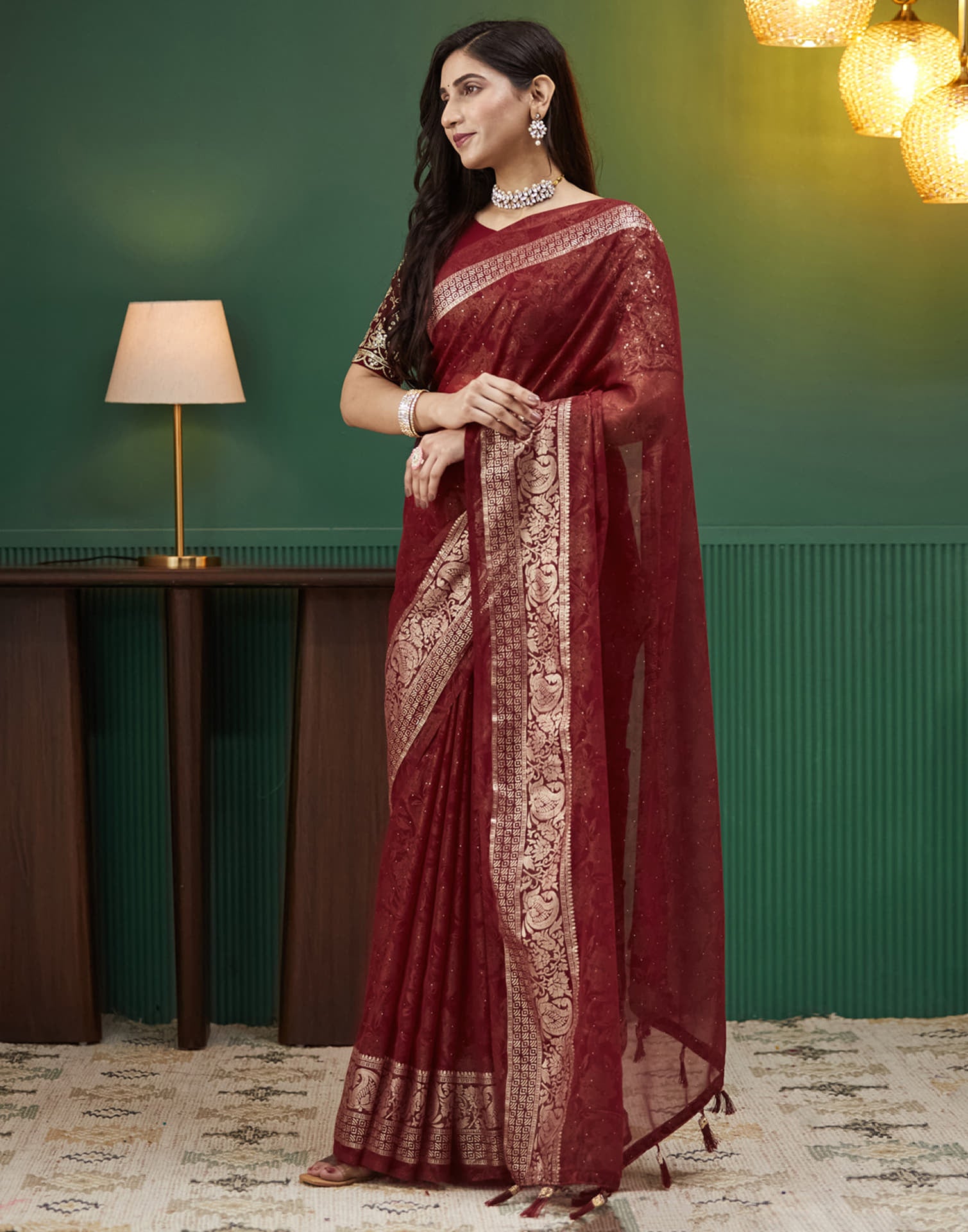 Maroon Georgette Stone Work Embellished Saree