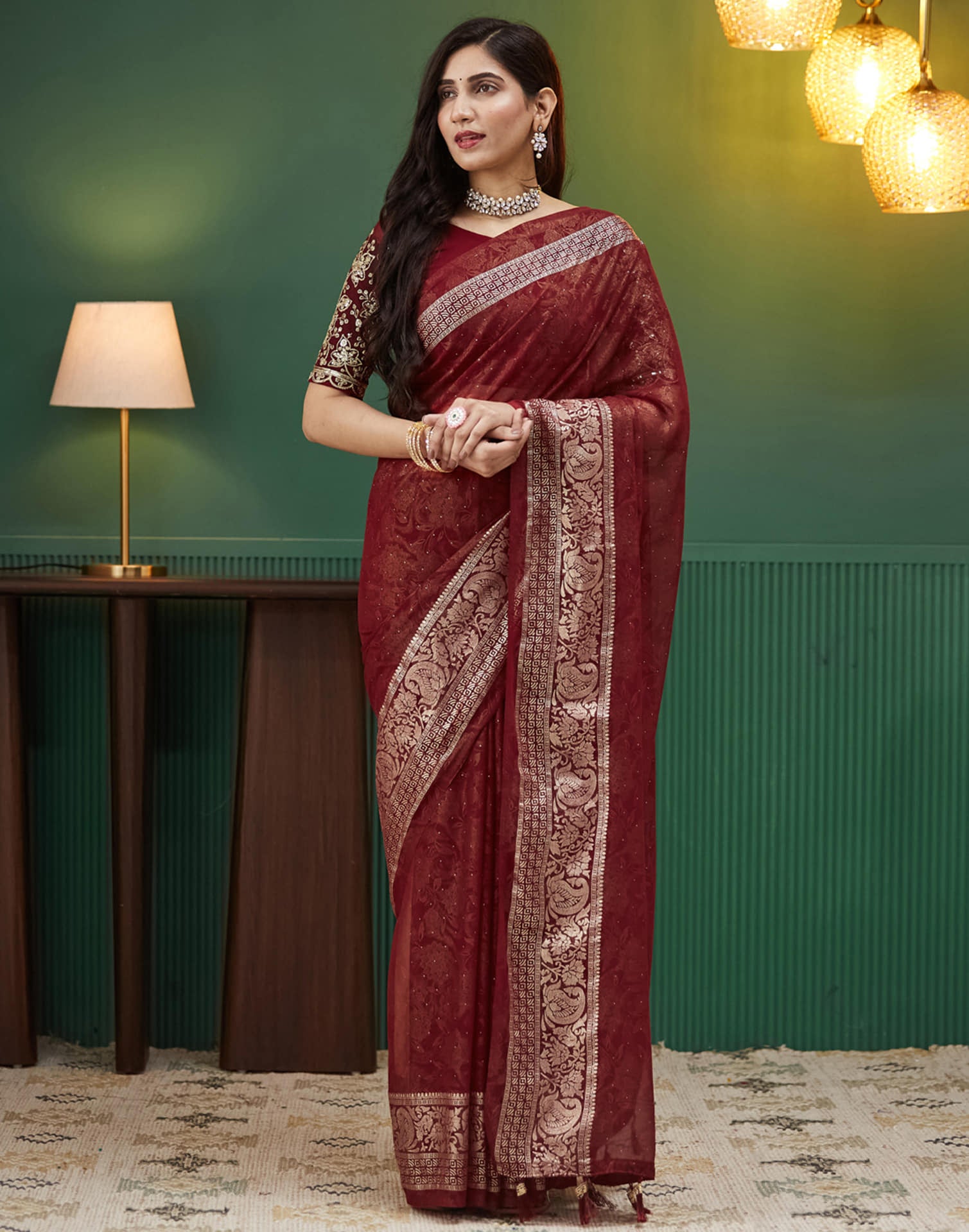 Maroon Georgette Stone Work Embellished Saree