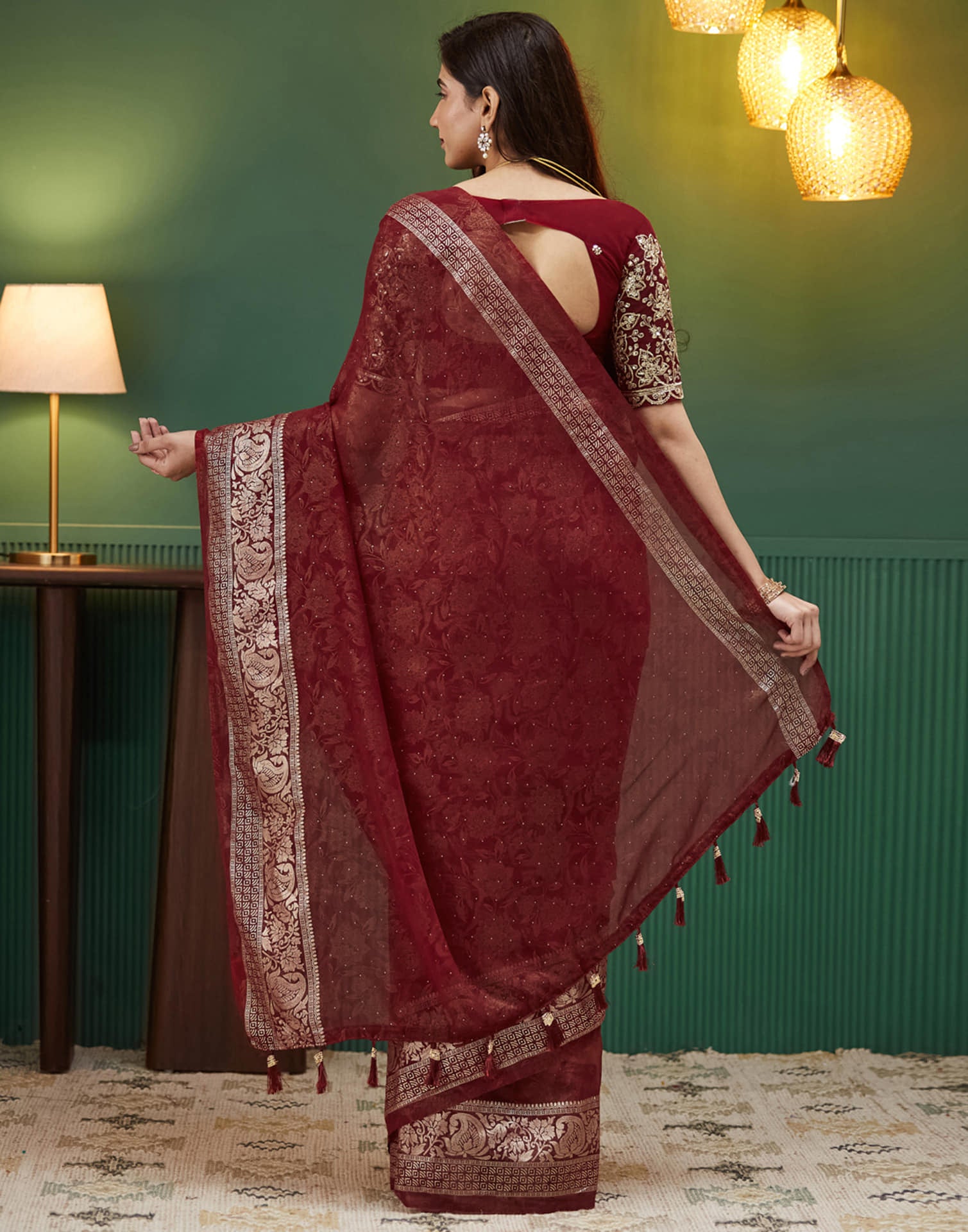 Maroon Georgette Stone Work Embellished Saree