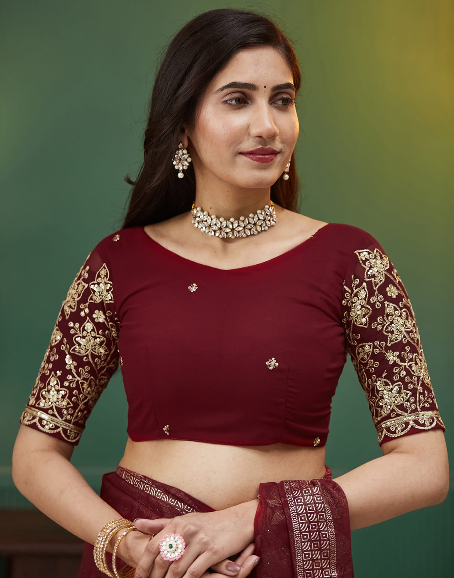 Maroon Georgette Stone Work Embellished Saree