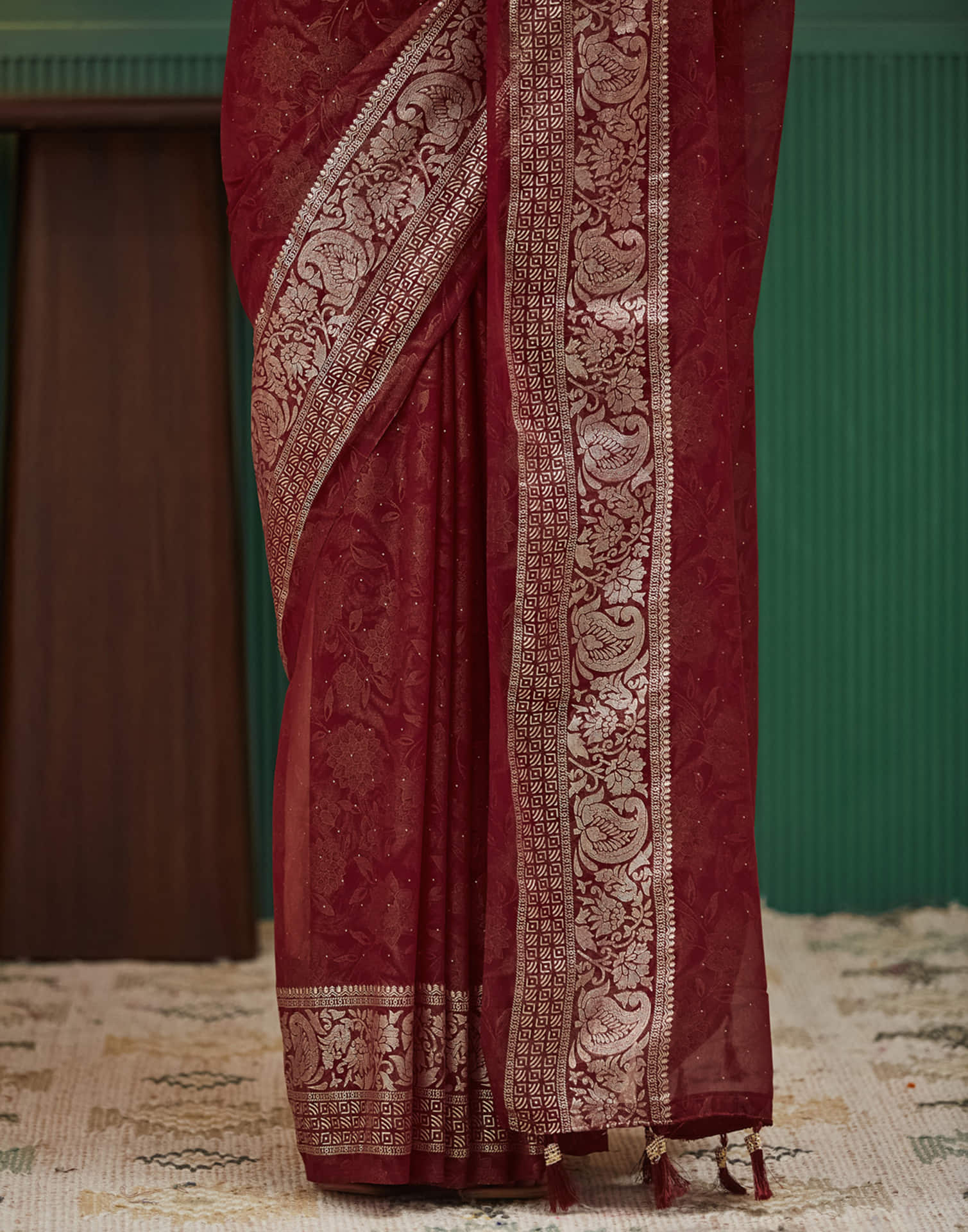Maroon Georgette Stone Work Embellished Saree