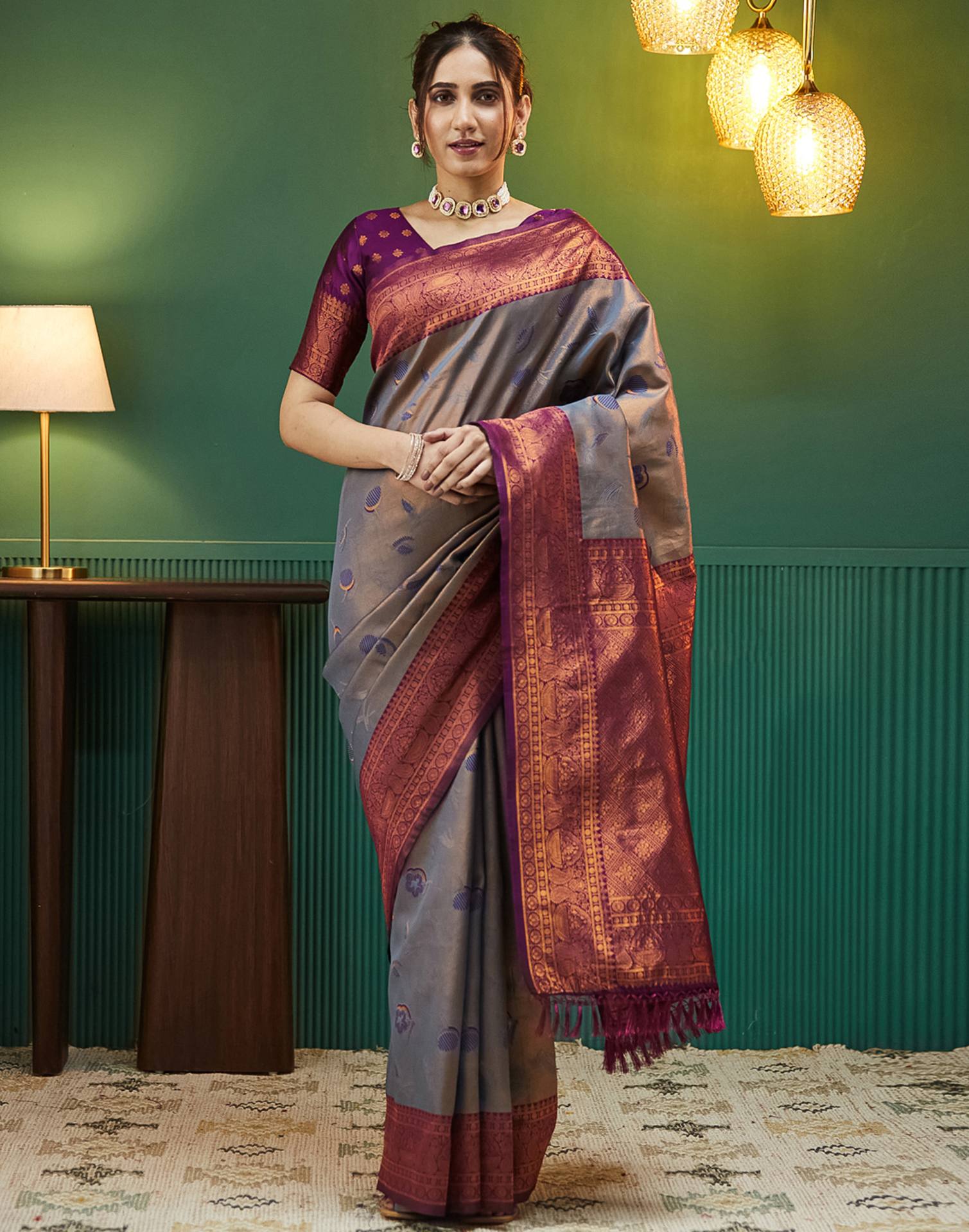 Grey Silk Woven Banarasi Saree
