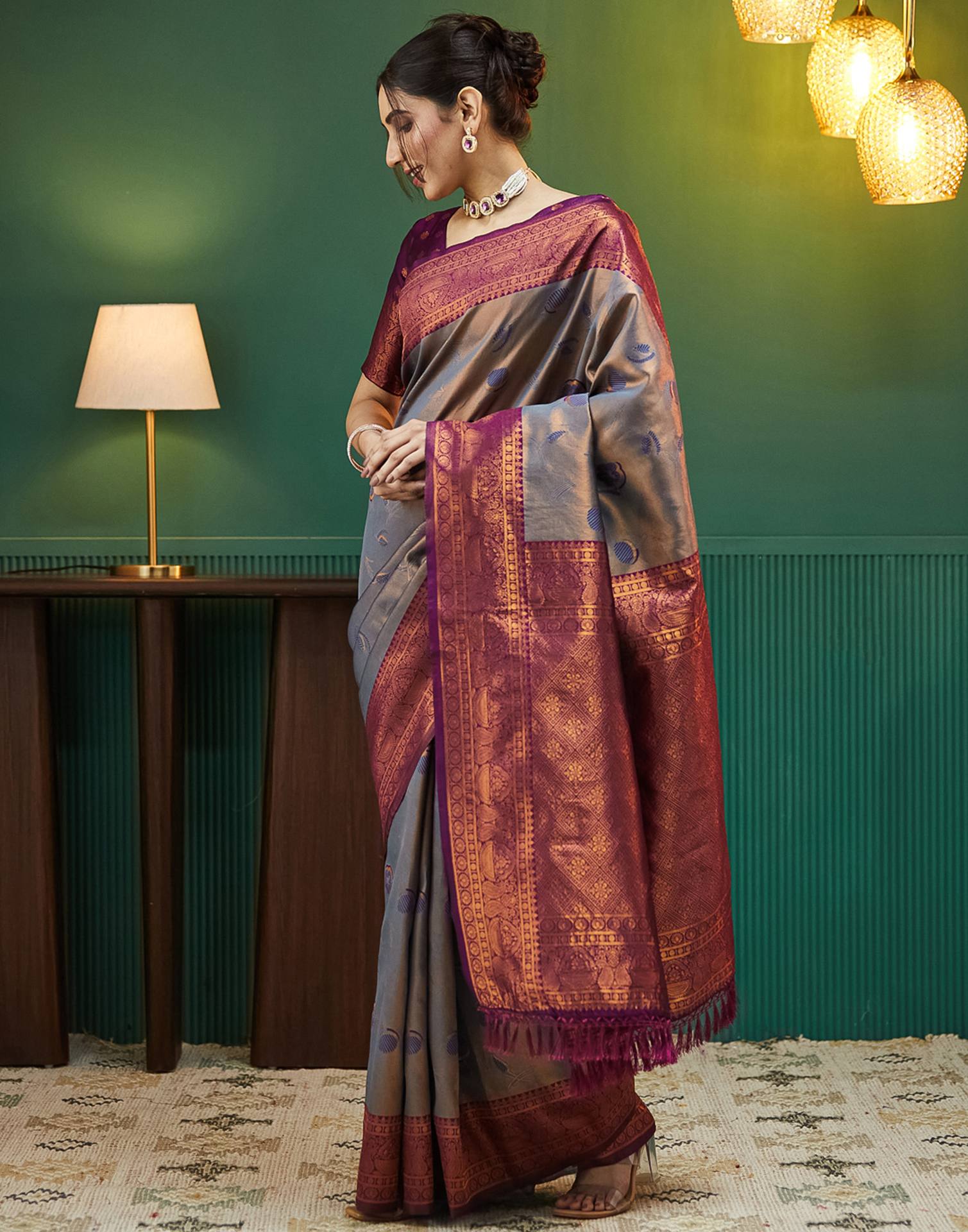 Grey Silk Woven Banarasi Saree