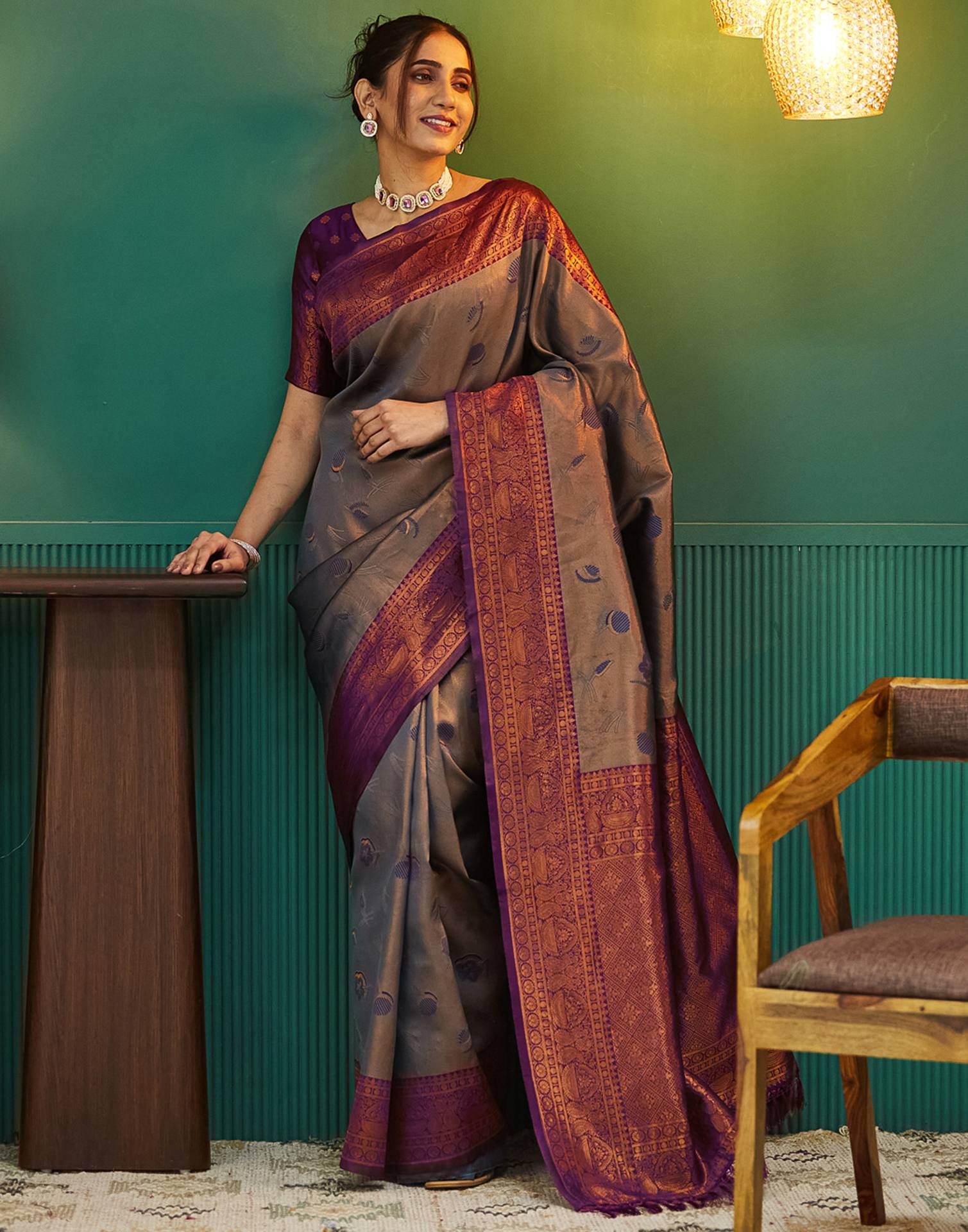 Grey Silk Woven Banarasi Saree