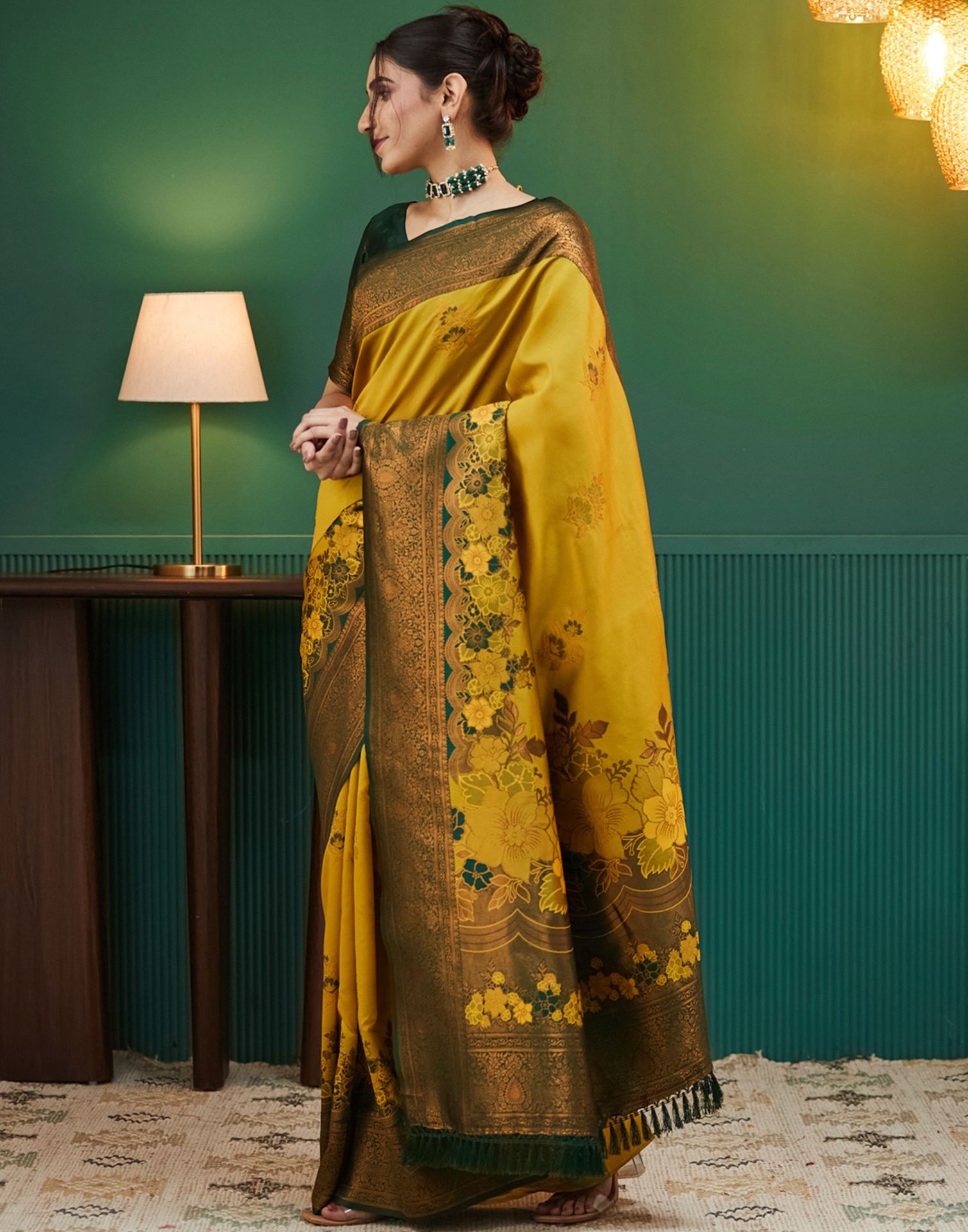 Lime Green Silk Woven Saree