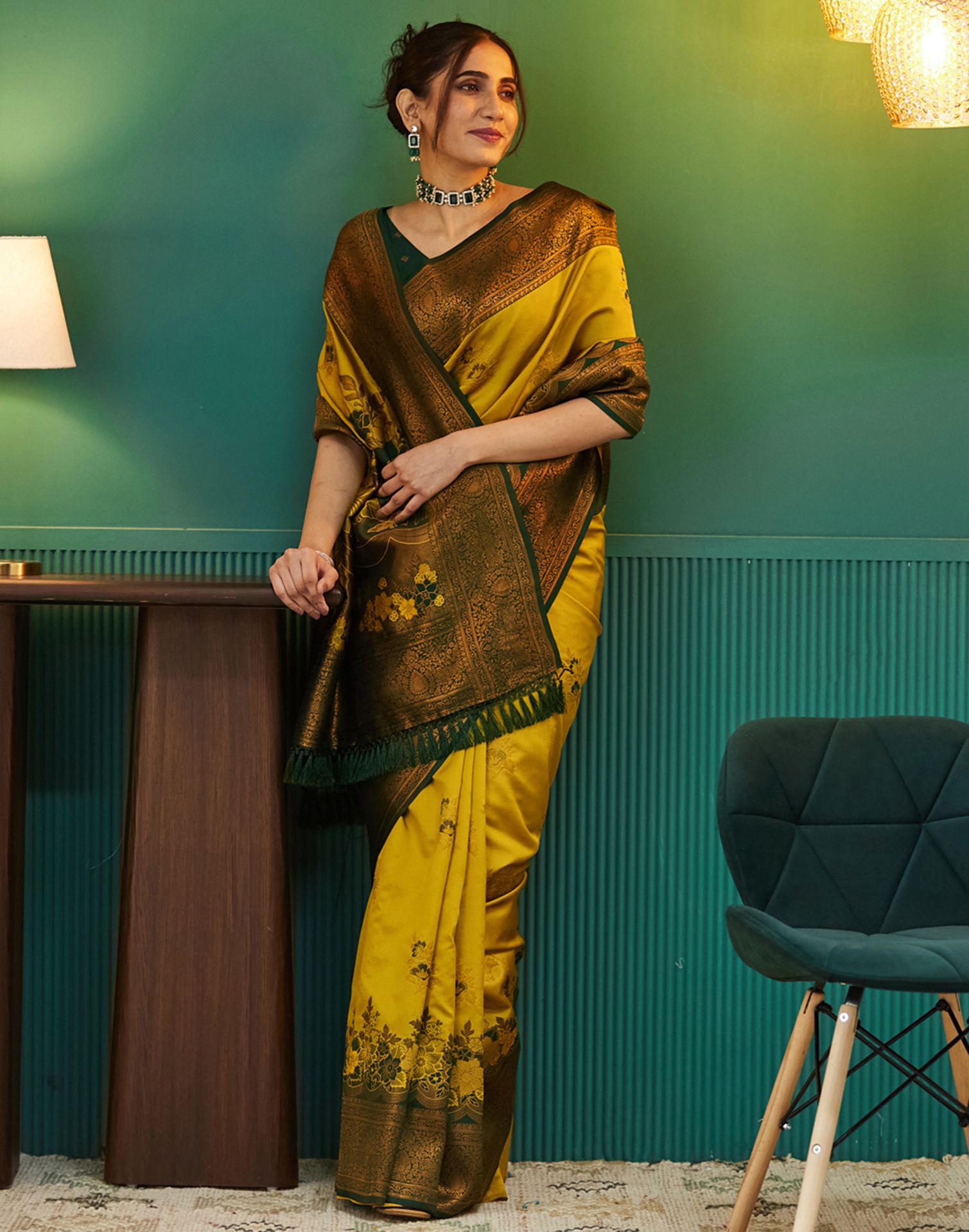 Lime Green Silk Woven Saree