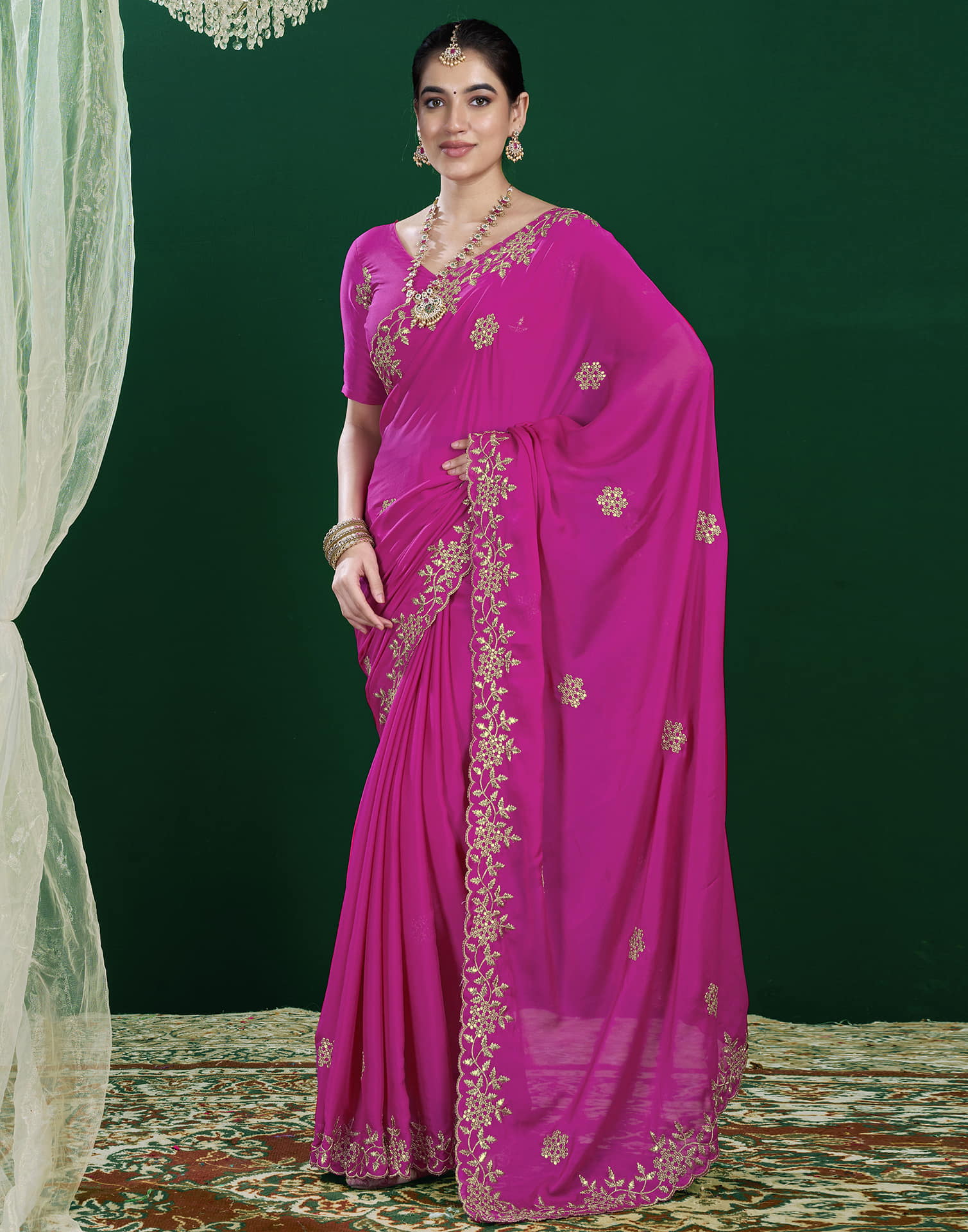 Rani Pink Georgette Sequence Embroidery Saree