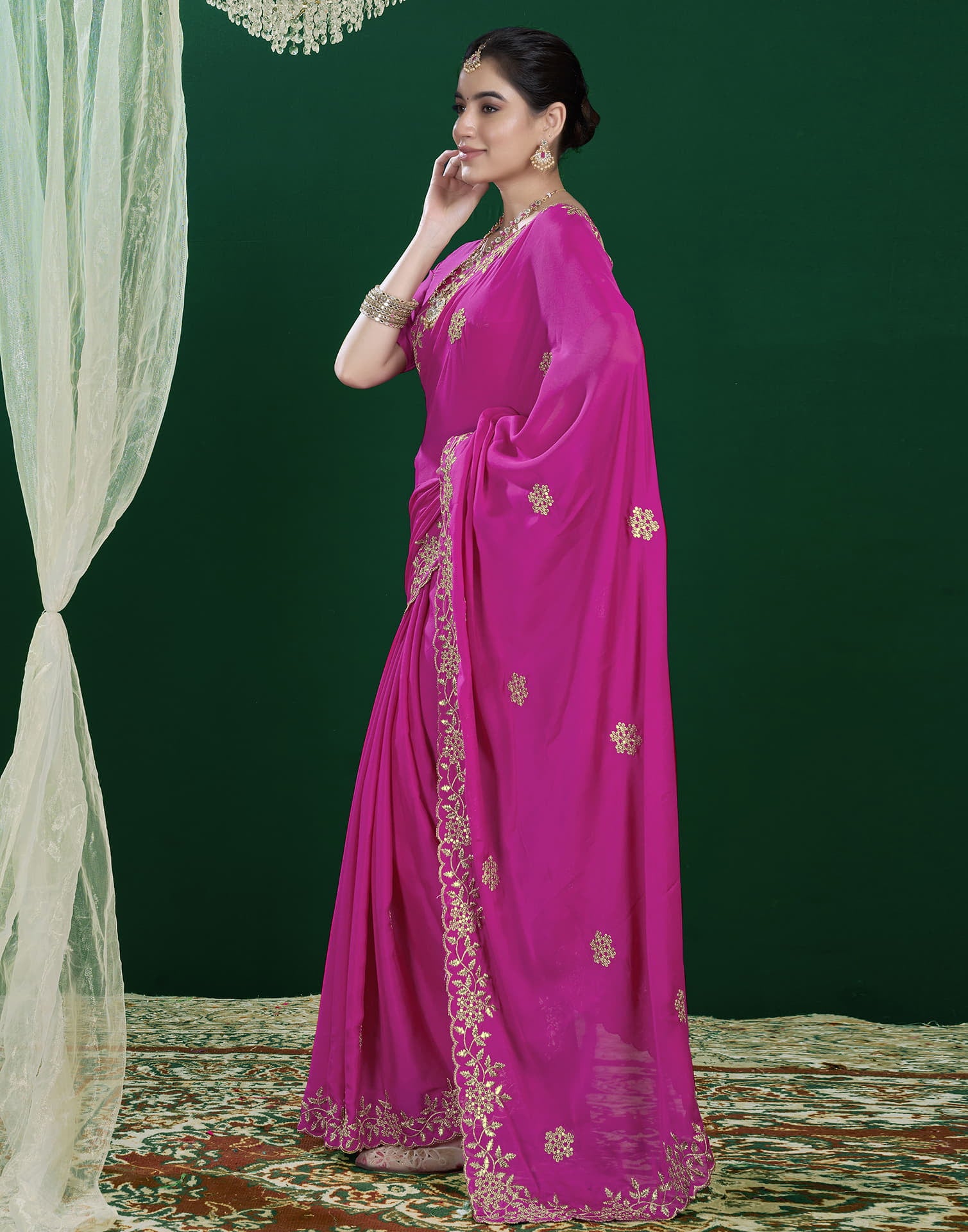 Rani Pink Georgette Sequence Embroidery Saree
