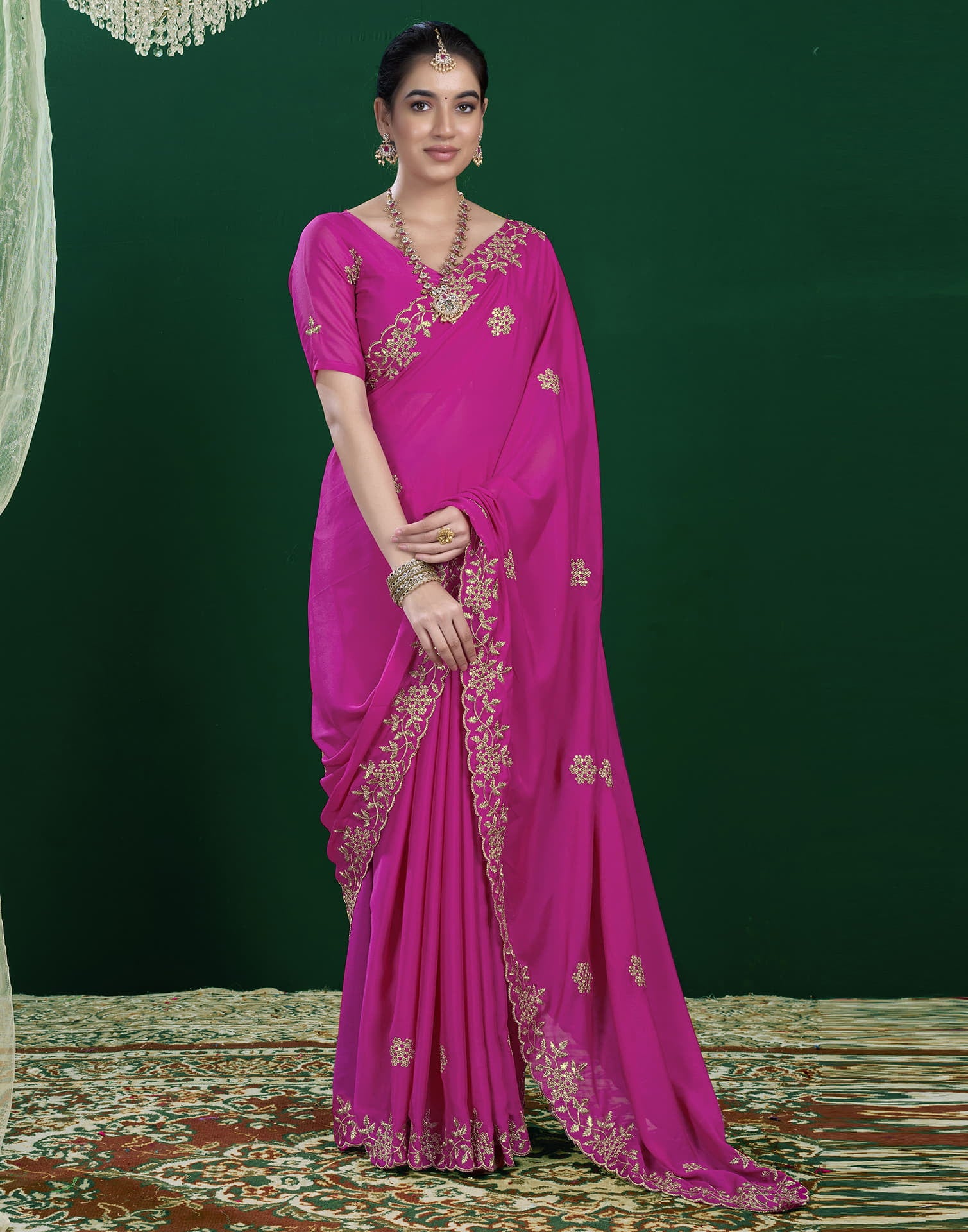 Rani Pink Georgette Sequence Embroidery Saree