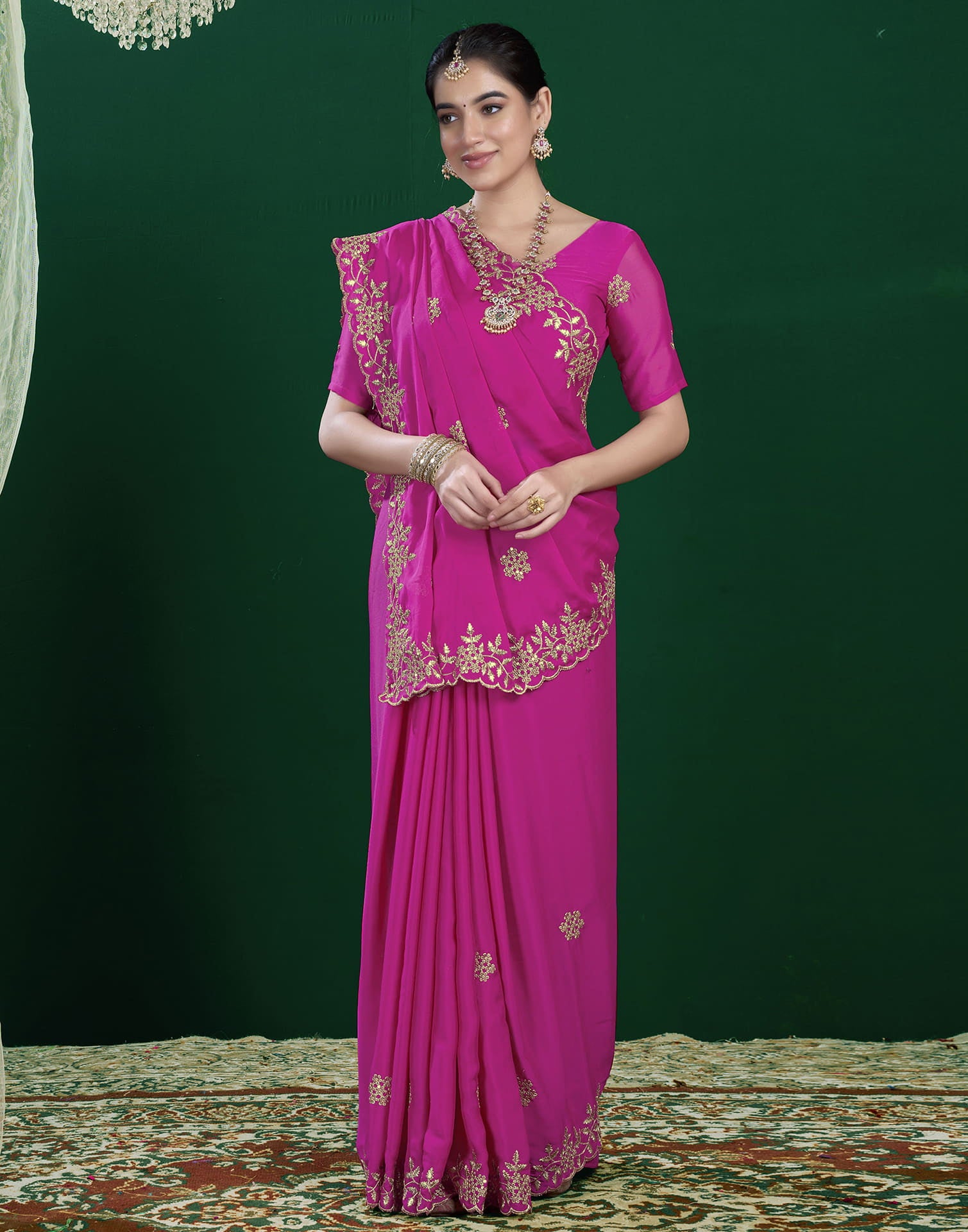 Rani Pink Georgette Sequence Embroidery Saree