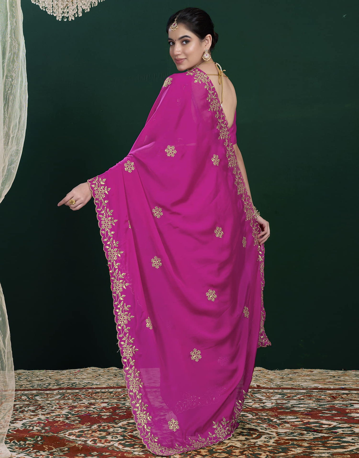 Rani Pink Georgette Sequence Embroidery Saree