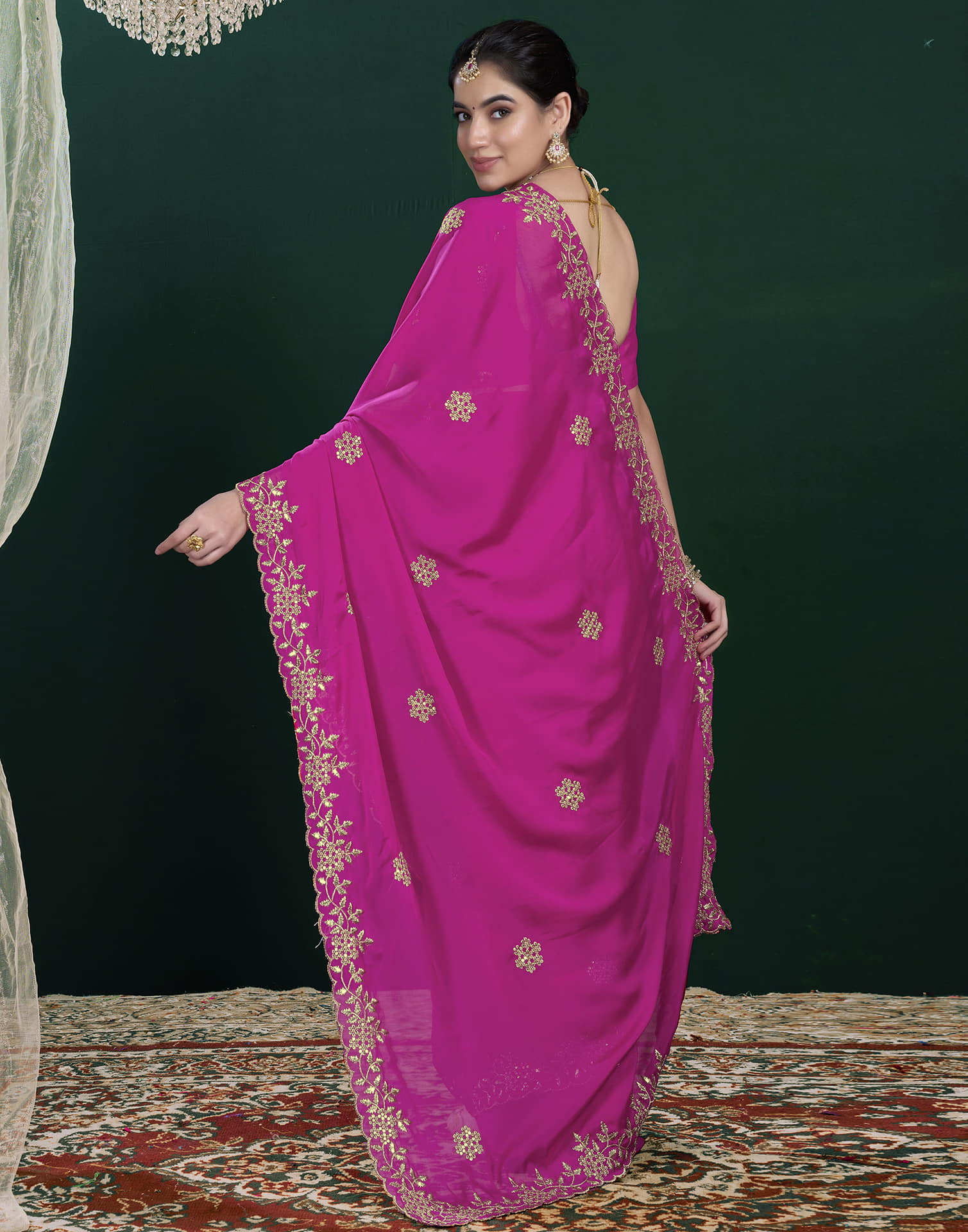 Rani Pink Georgette Sequence Embroidery Saree