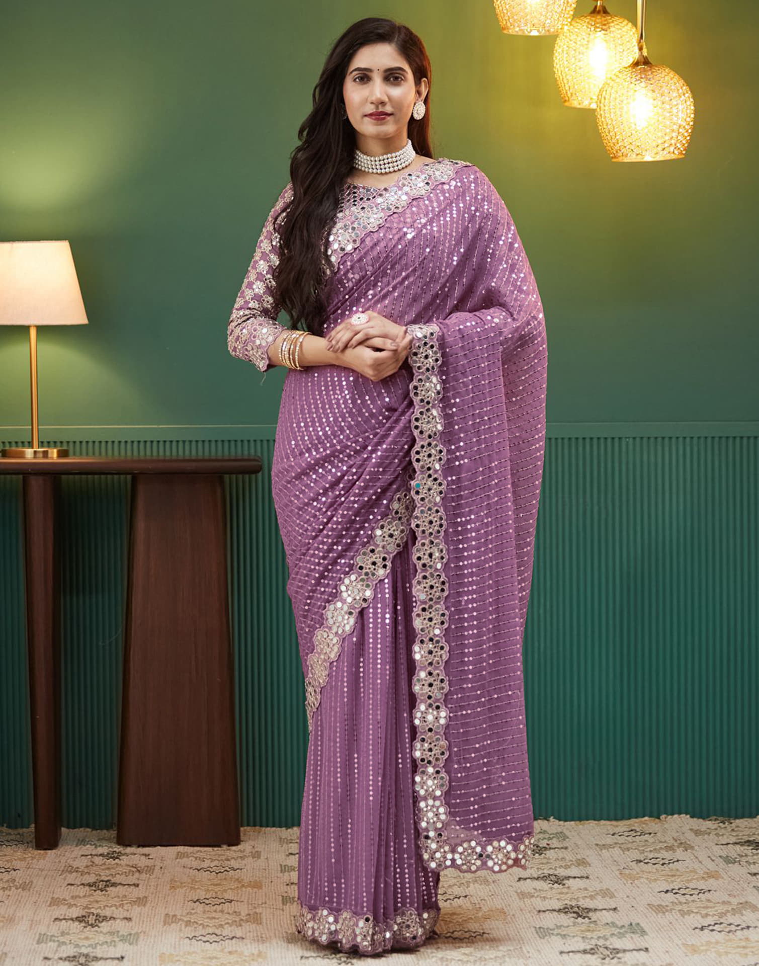 Mauve Georgette Embroidery Sequence Saree