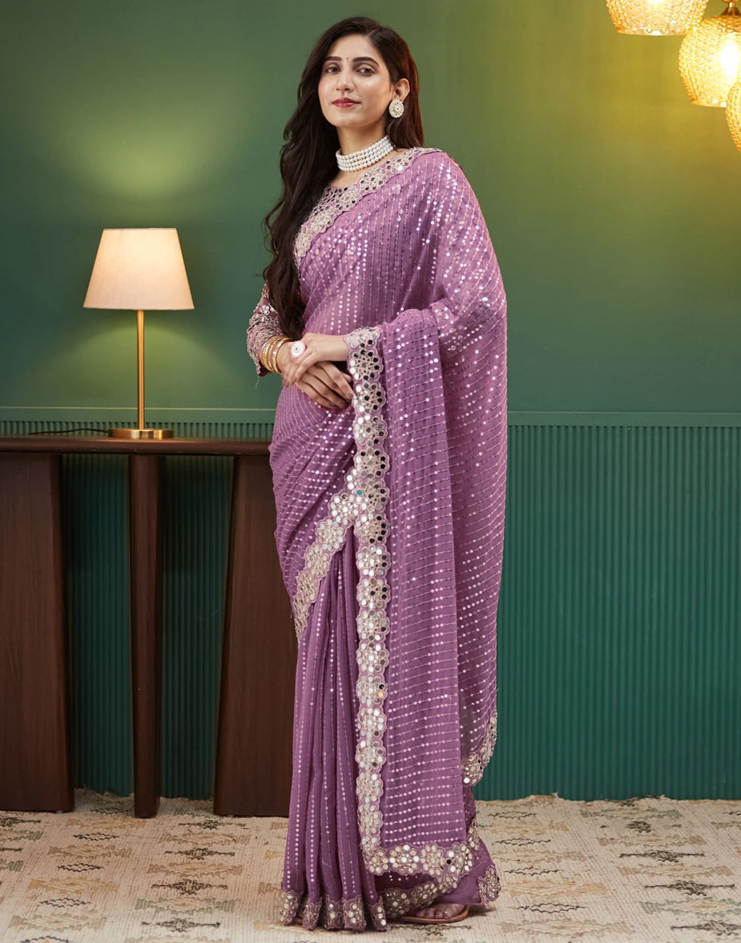 Mauve Georgette Embroidery Sequence Saree