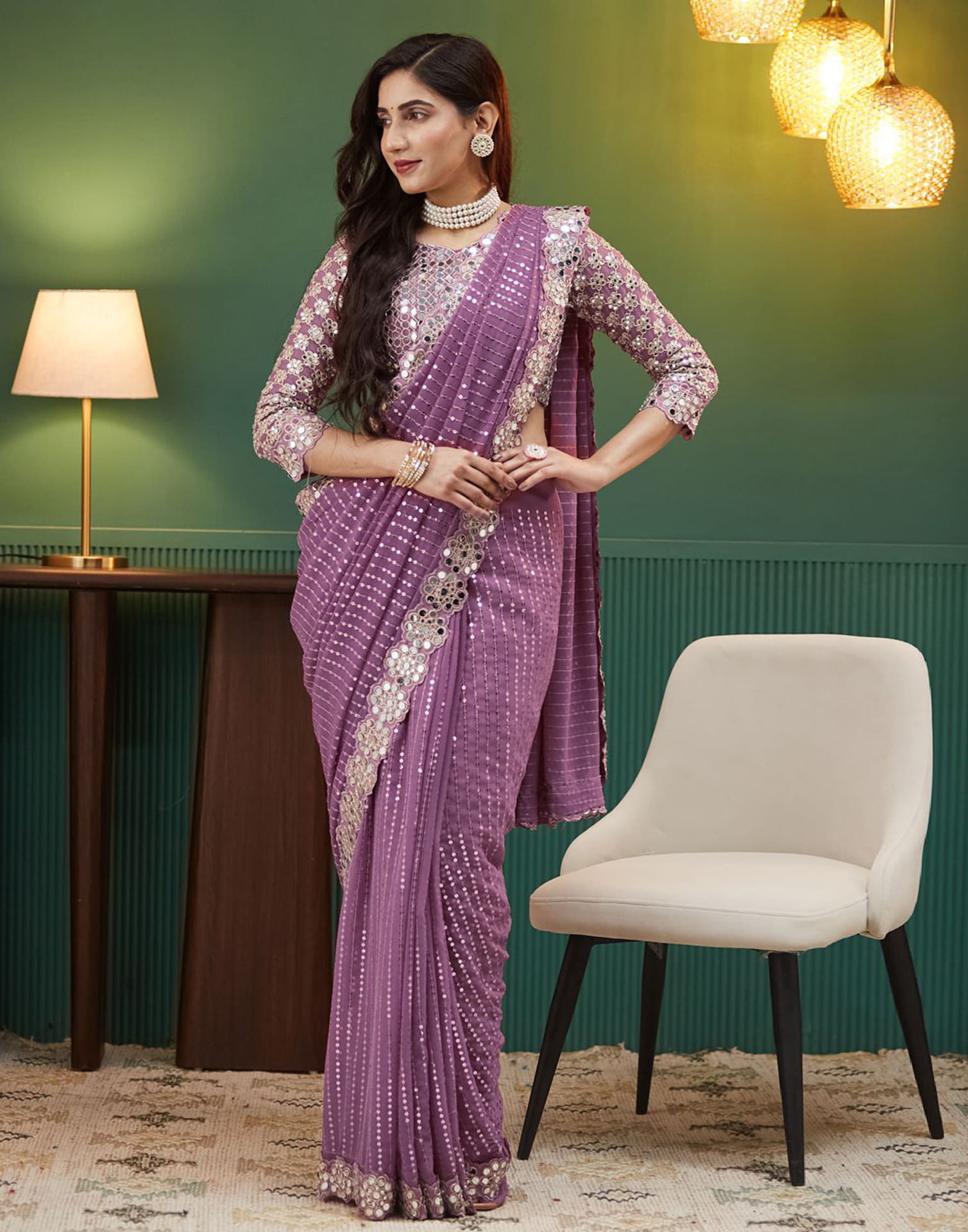 Mauve Georgette Embroidery Sequence Saree
