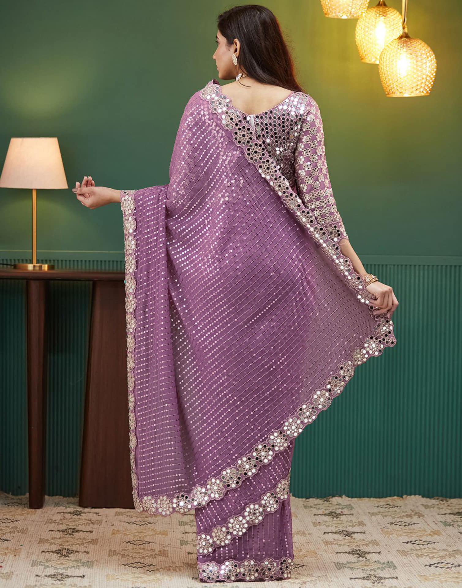 Mauve Georgette Embroidery Sequence Saree