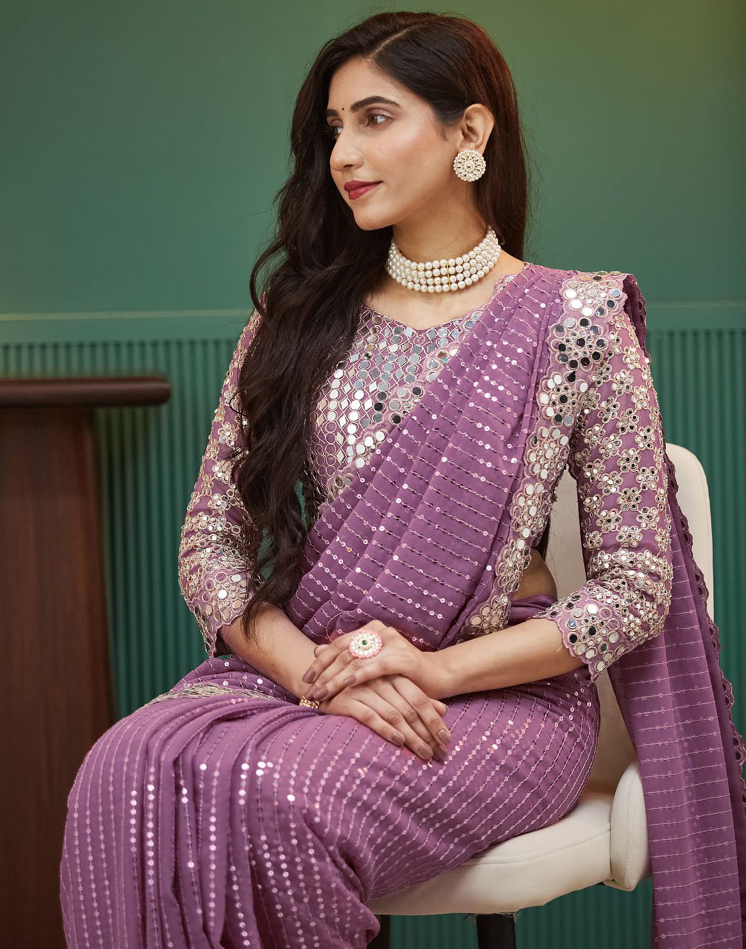 Mauve Georgette Embroidery Sequence Saree