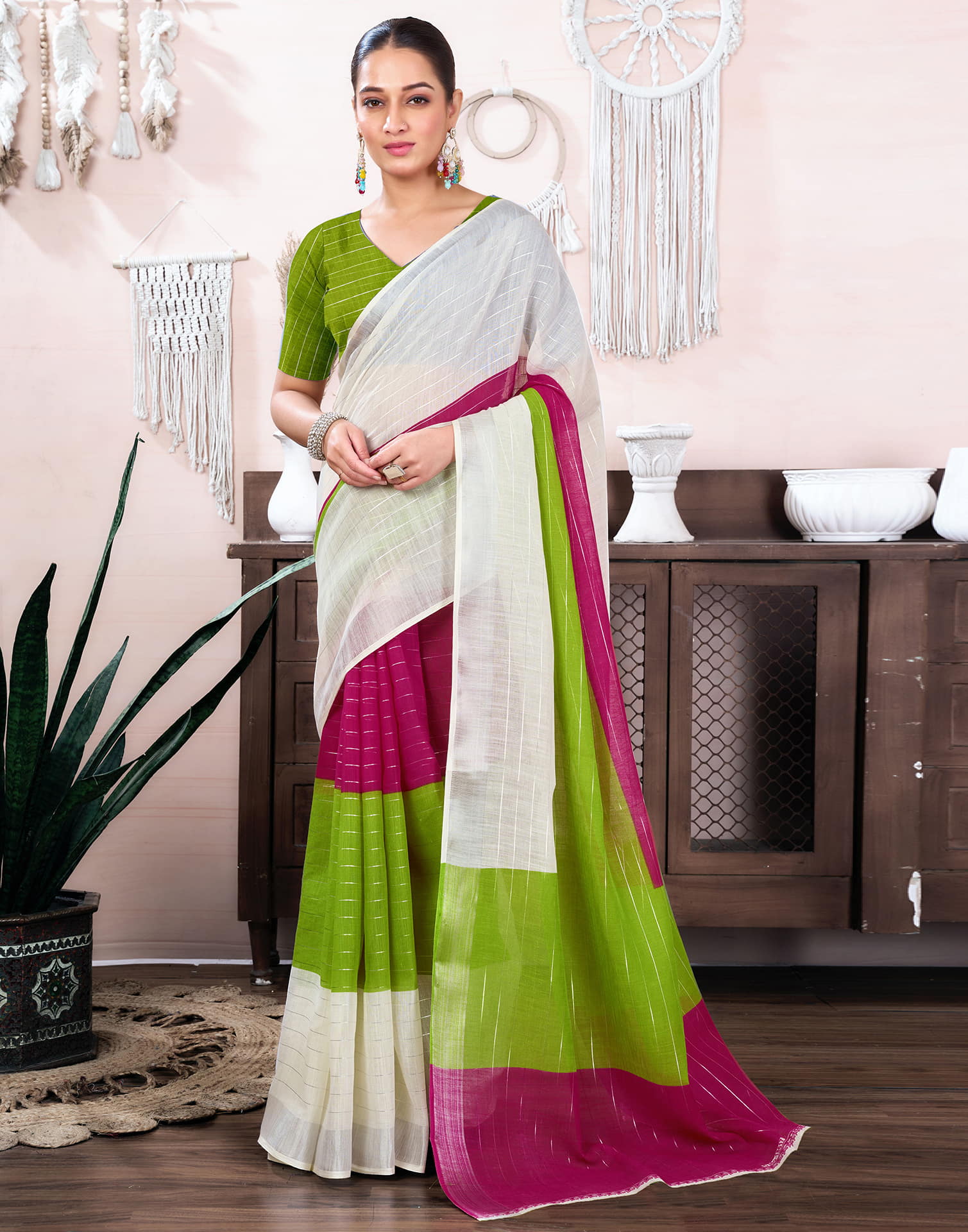 White Cotton Linen Top Dyed Printed Saree