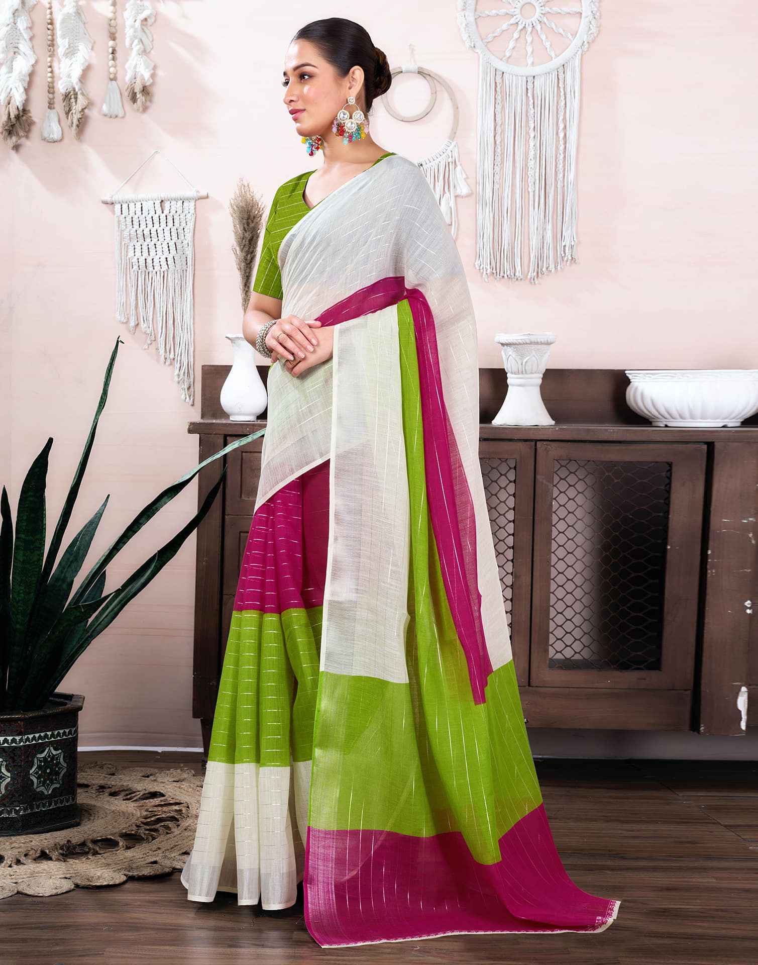 White Cotton Linen Top Dyed Printed Saree