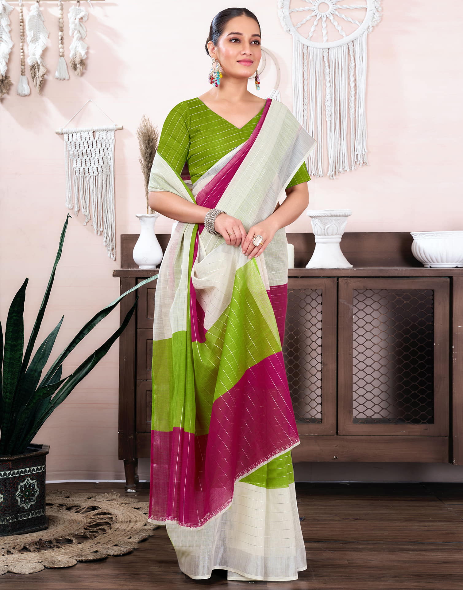 White Cotton Linen Top Dyed Printed Saree