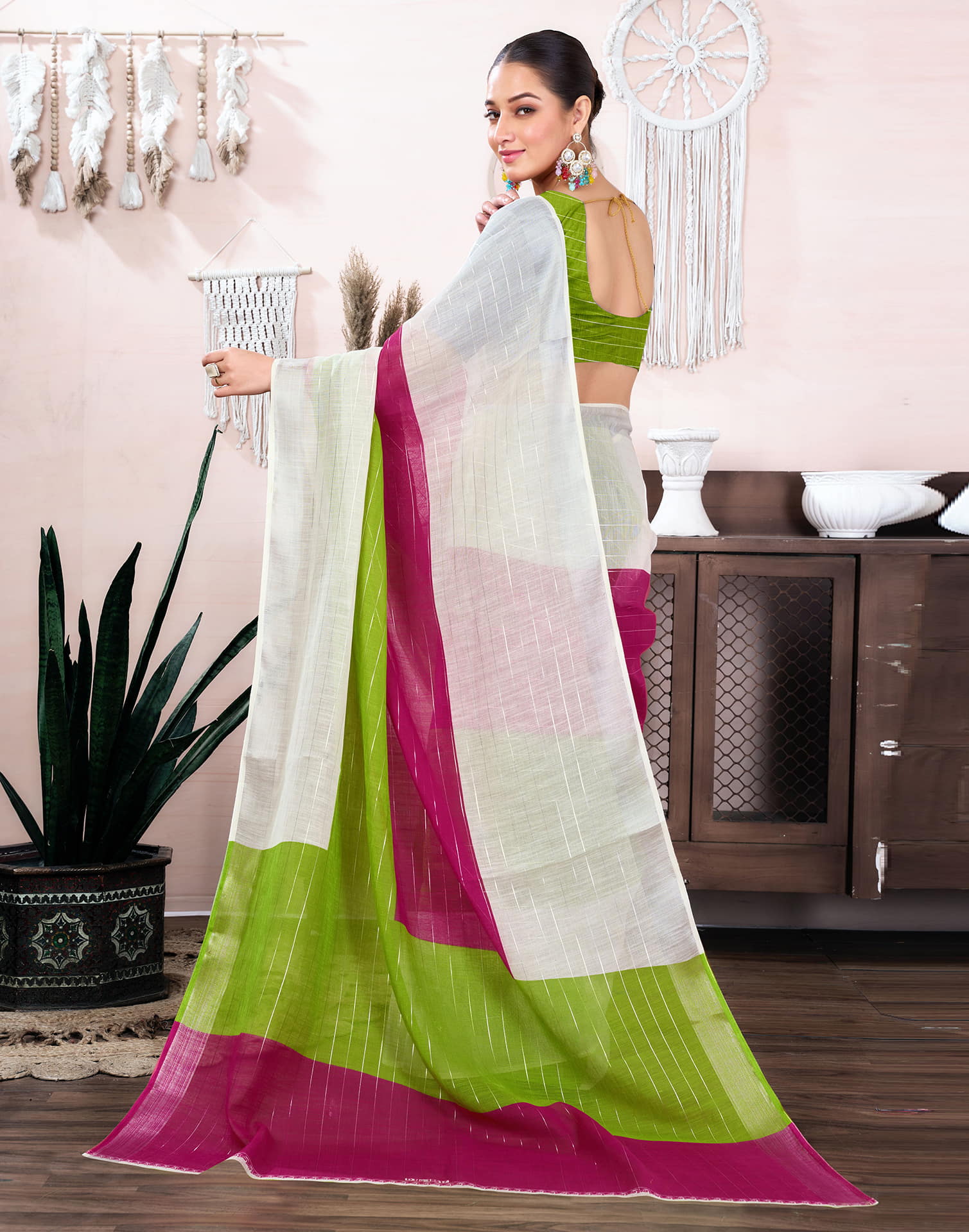 White Cotton Linen Top Dyed Printed Saree