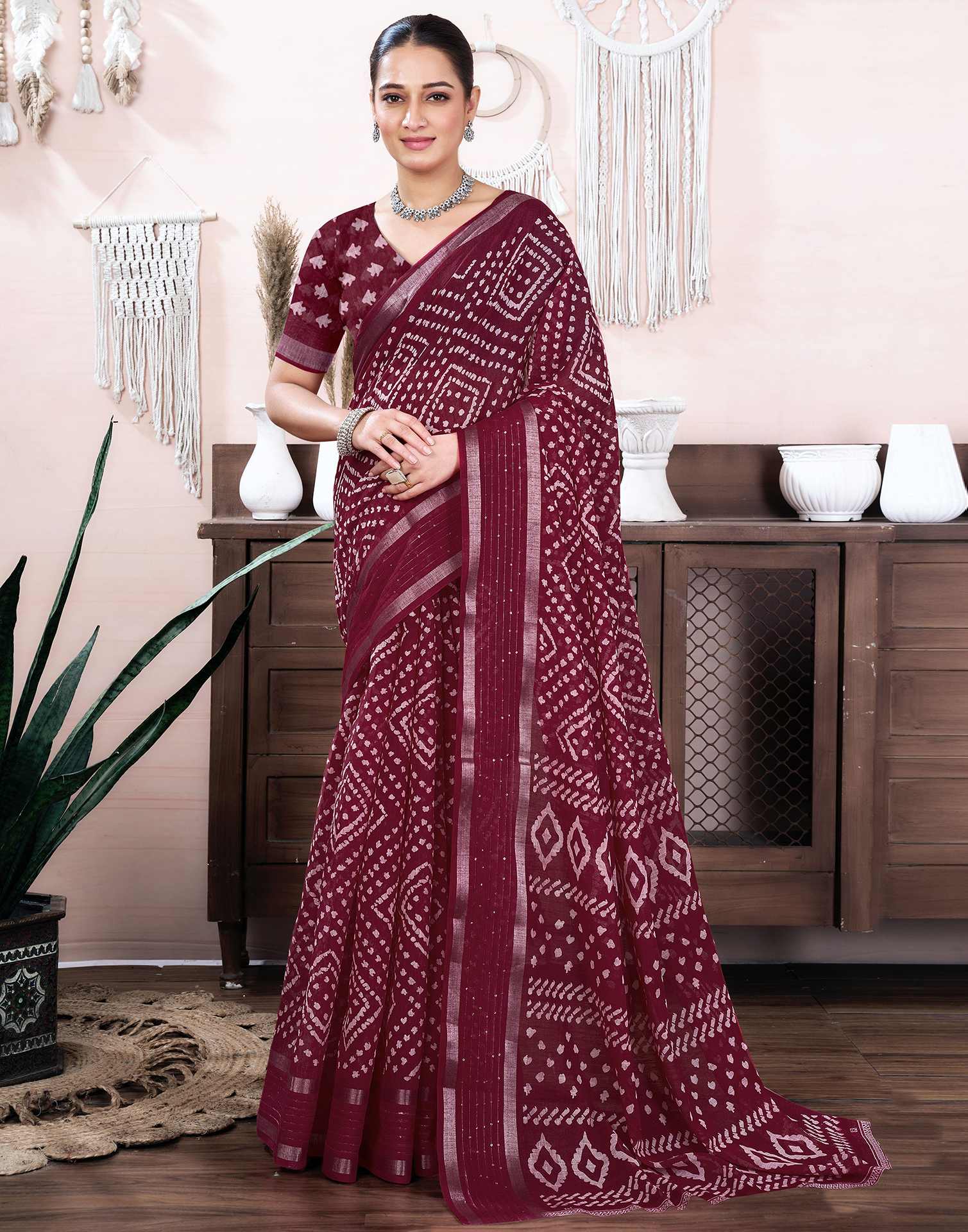 Maroon Cotton Linen Printed Saree