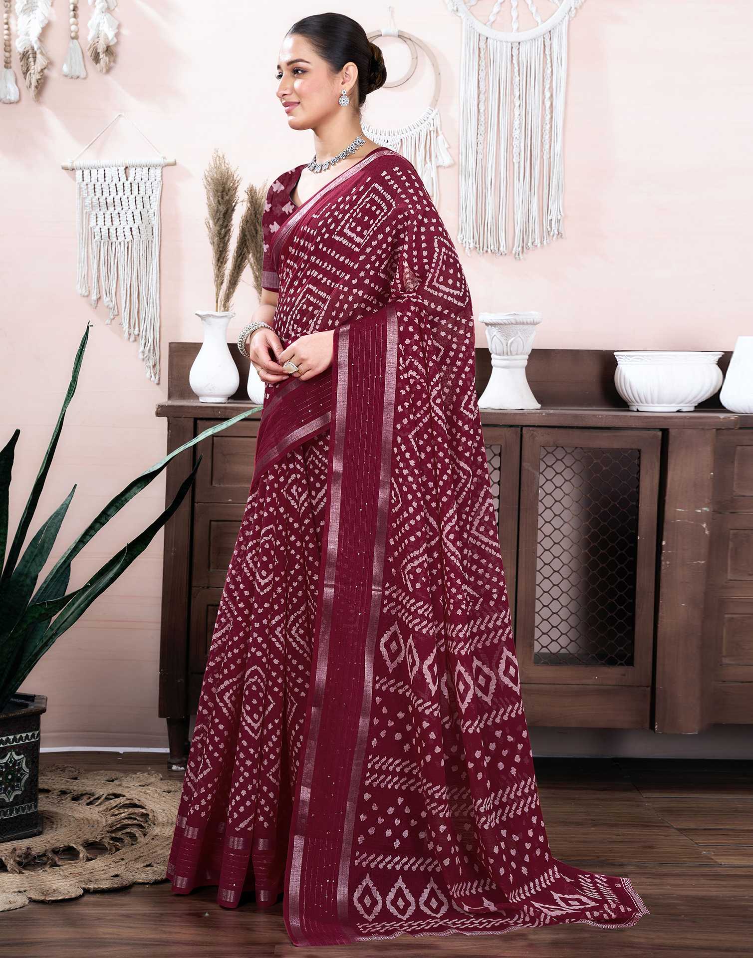 Maroon Cotton Linen Printed Saree