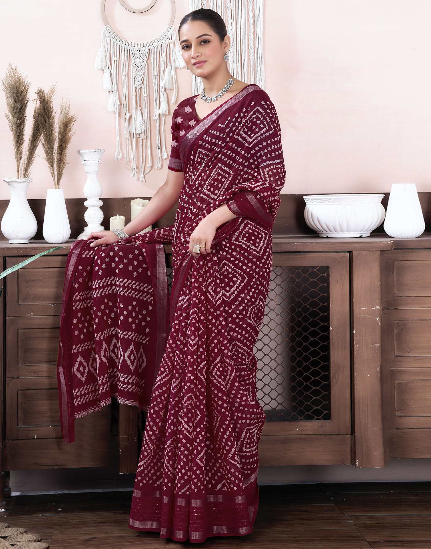 Maroon Cotton Linen Printed Saree
