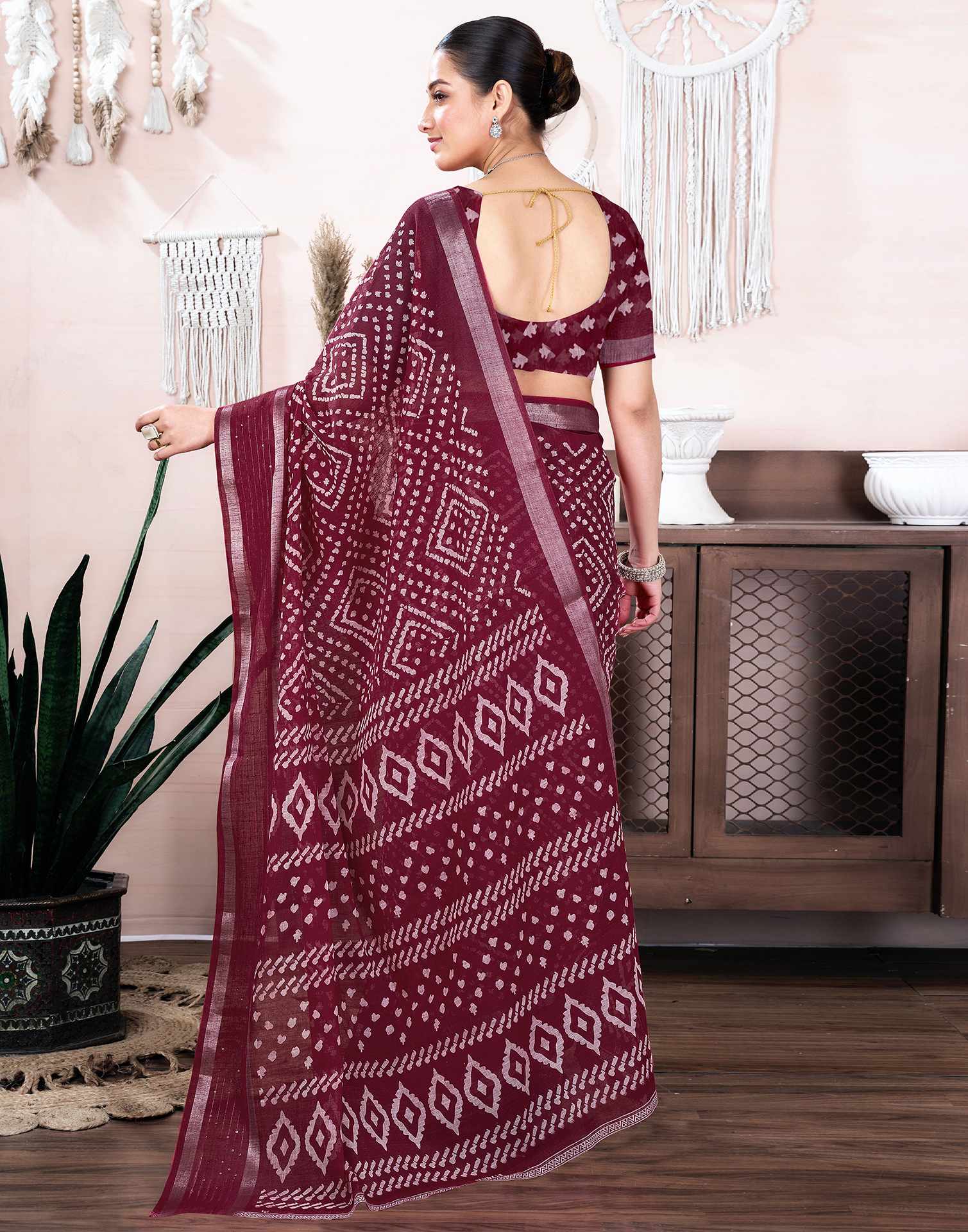 Maroon Cotton Linen Printed Saree