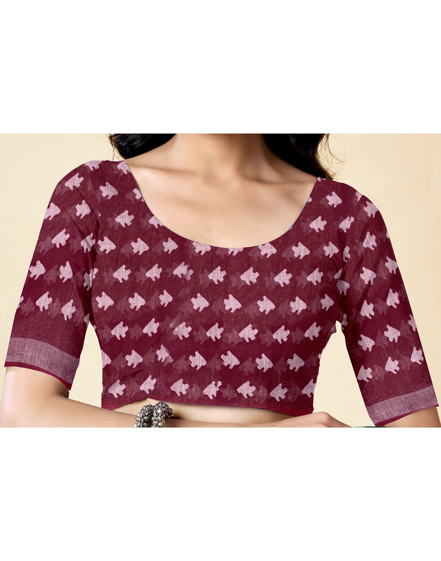 Maroon Cotton Linen Printed Saree