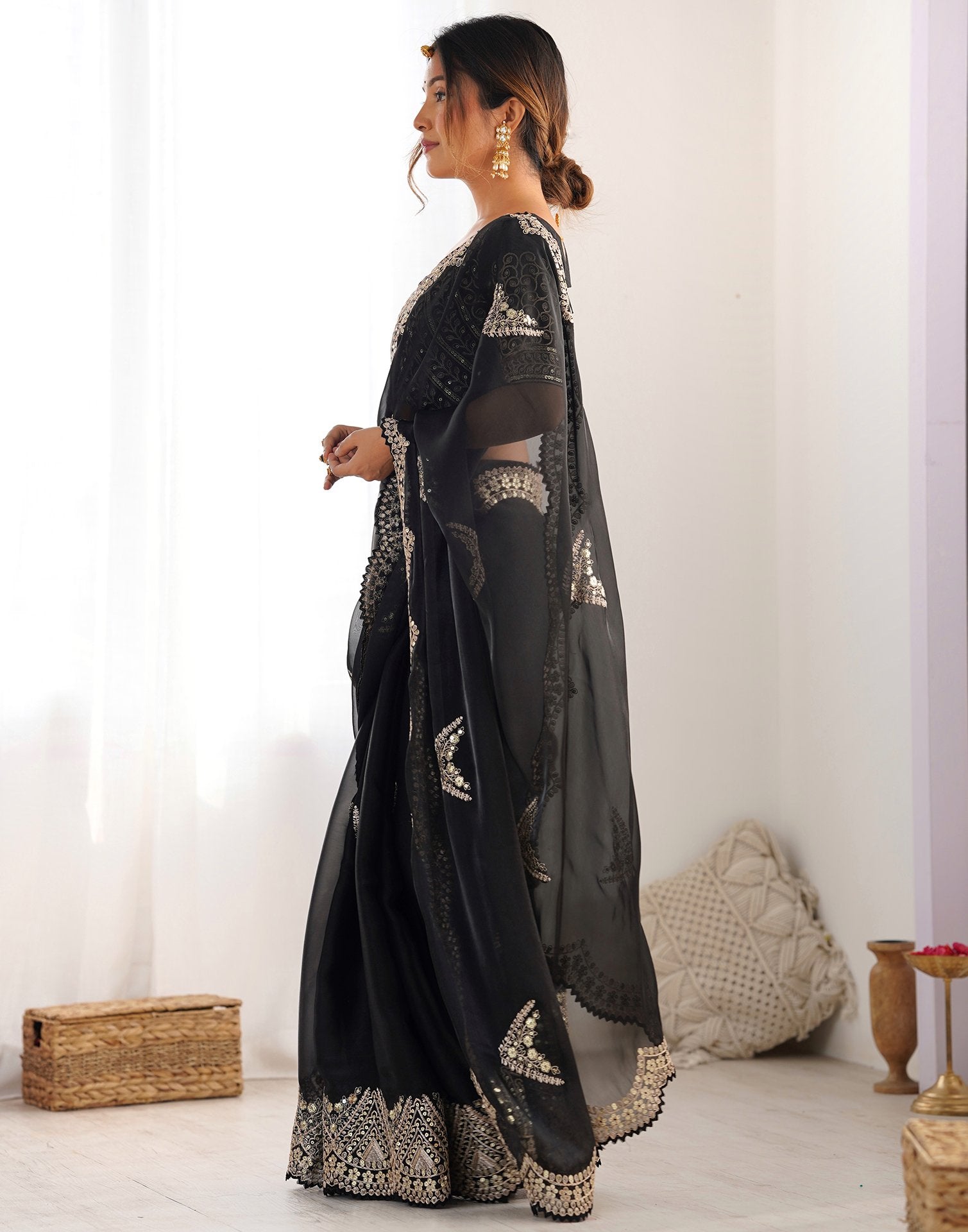 Black Organza Dyed Embellished Saree