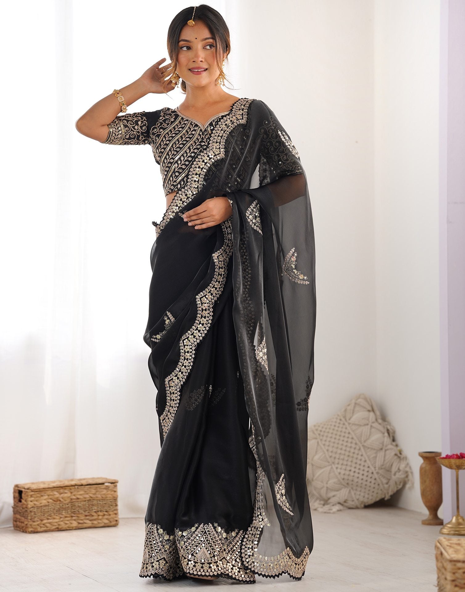 Black Organza Dyed Embellished Saree