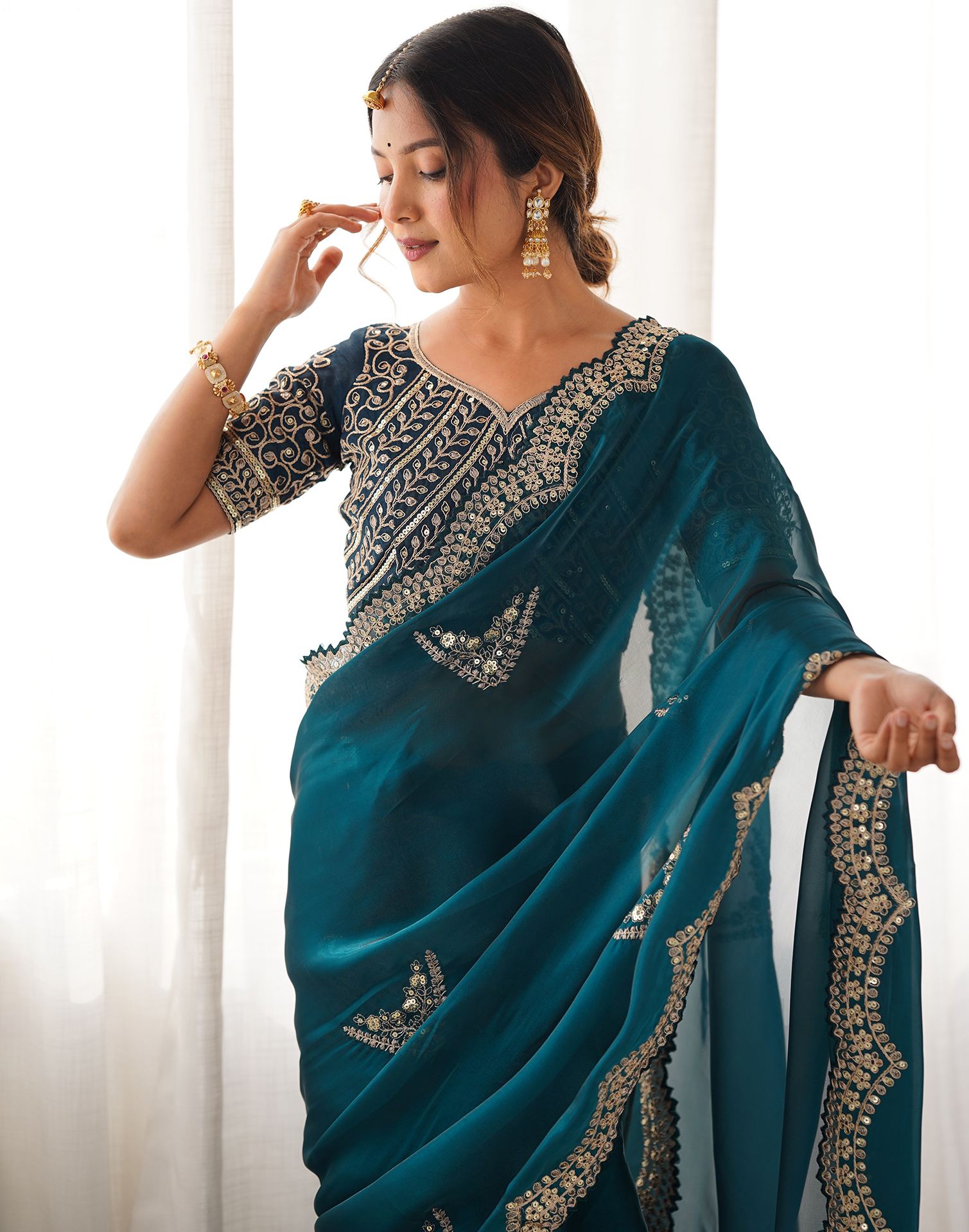 Rama Green Organza Dyed Embellished Saree