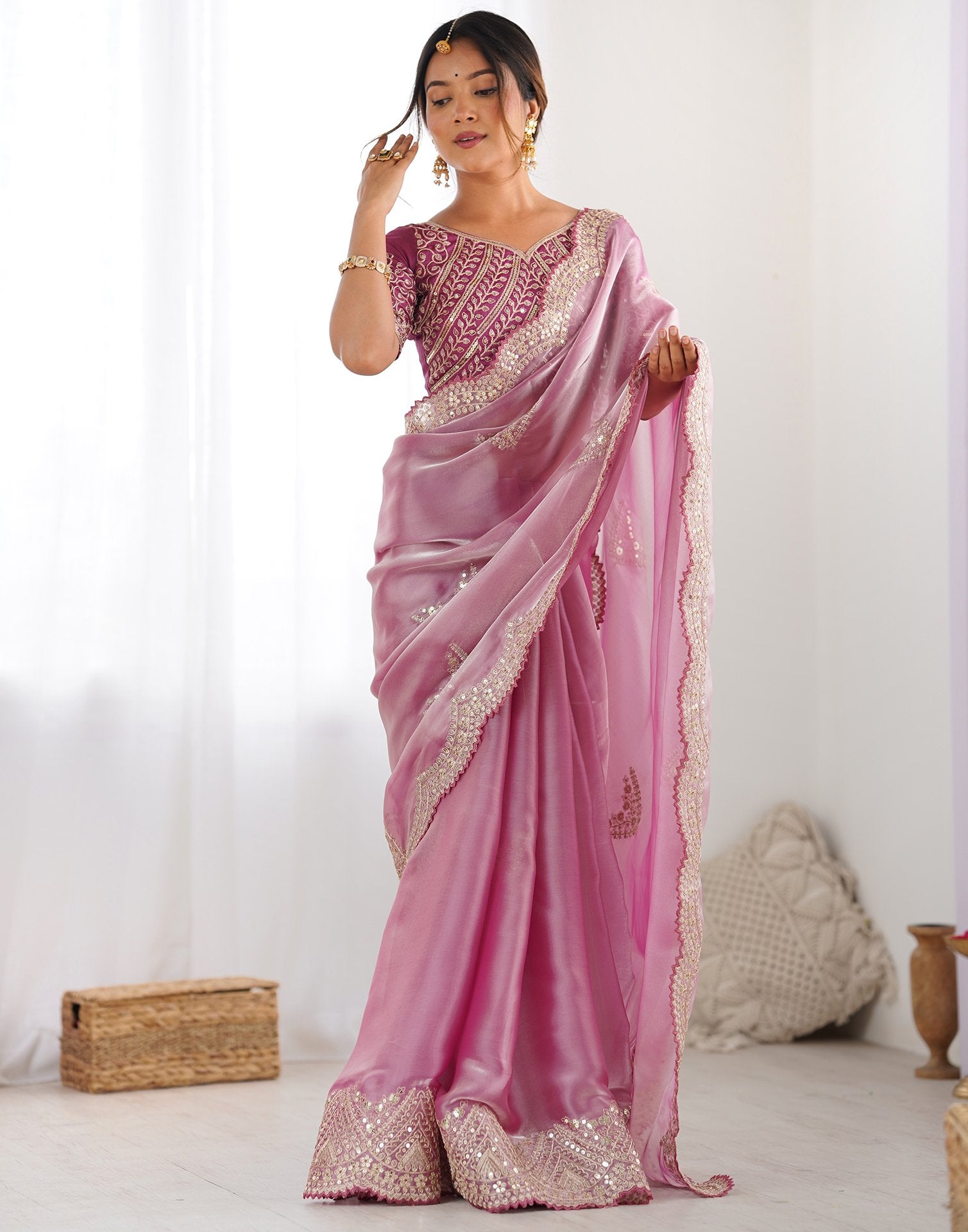 Pink Organza Dyed Embellished Saree