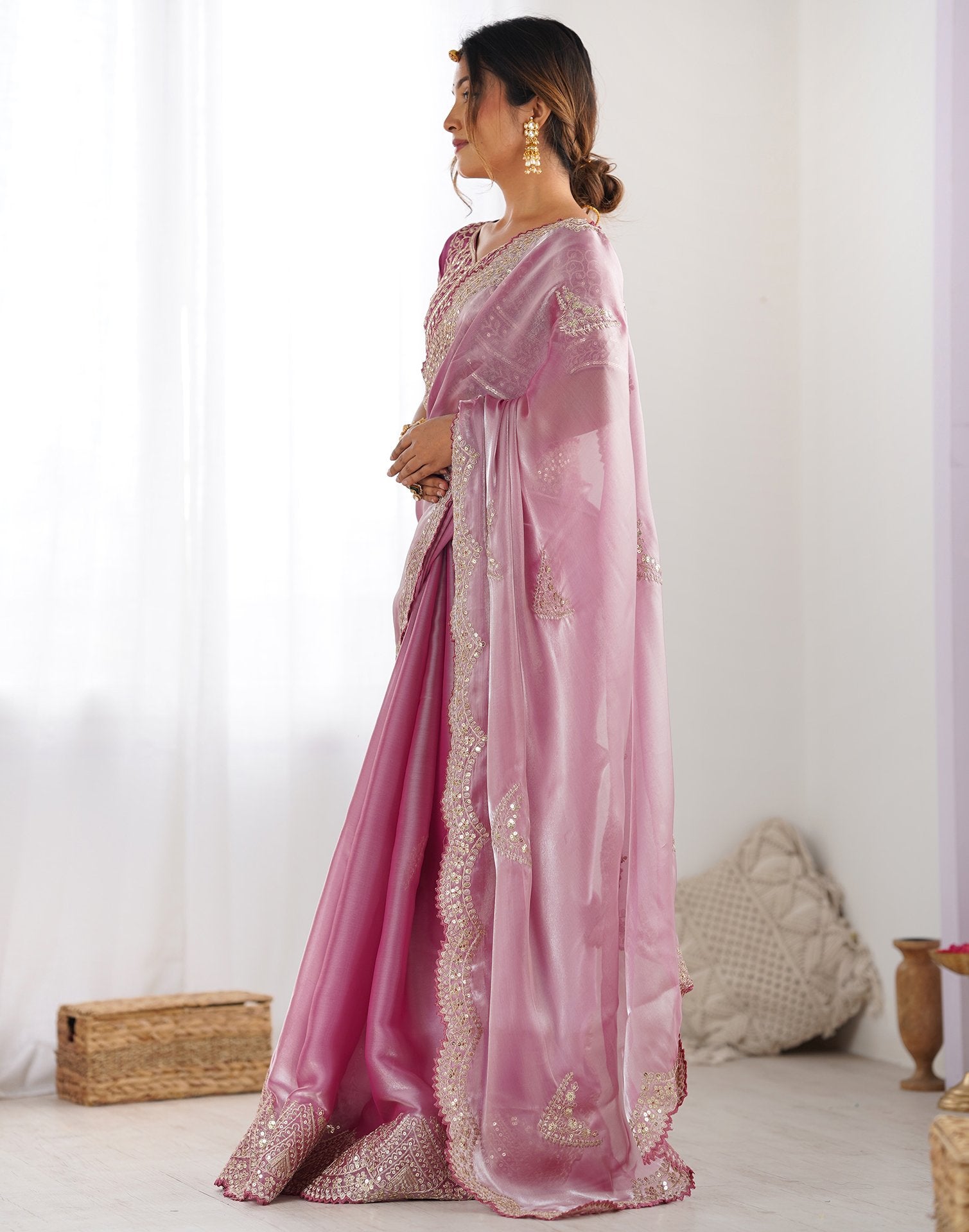 Pink Organza Dyed Embellished Saree