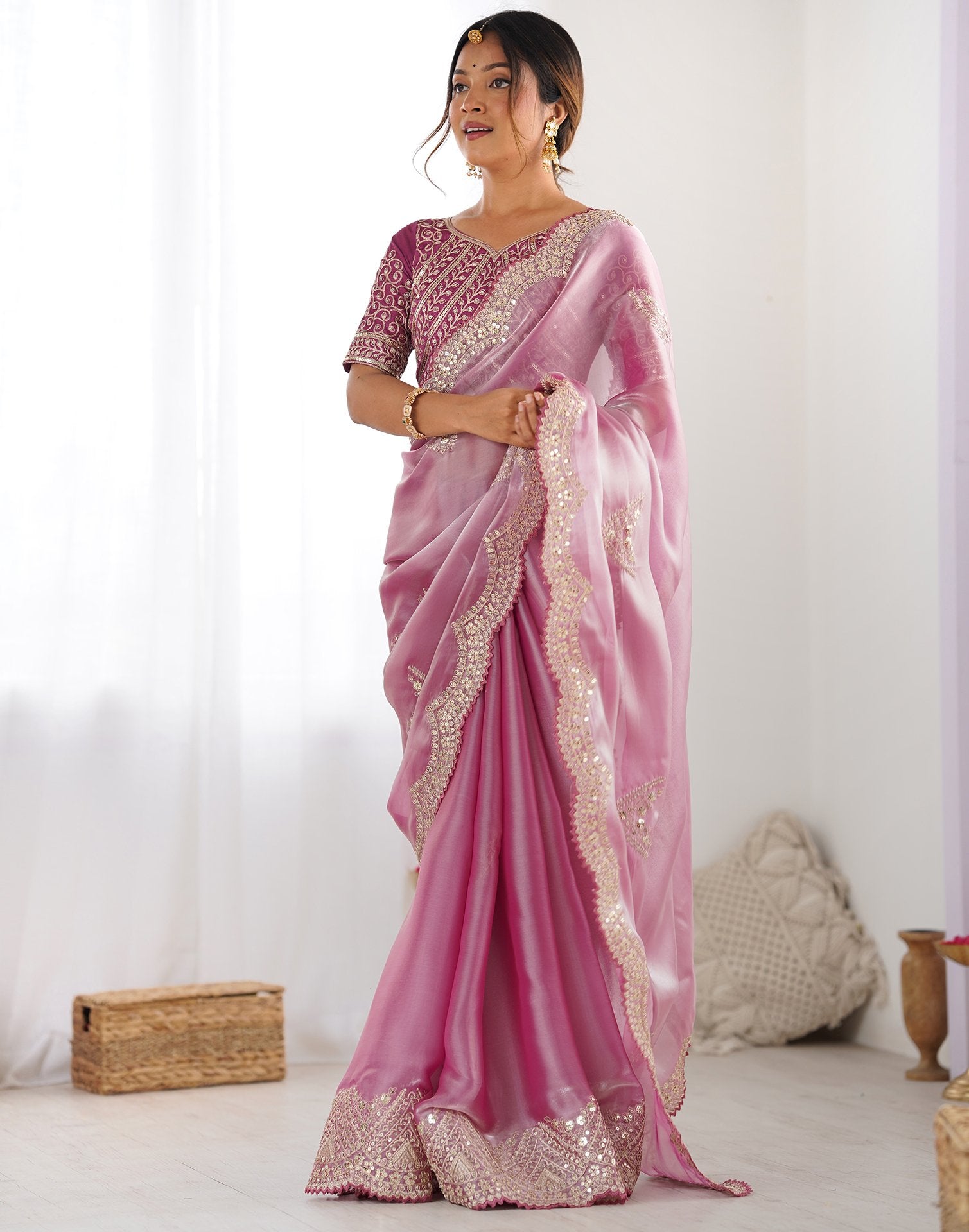 Pink Organza Dyed Embellished Saree