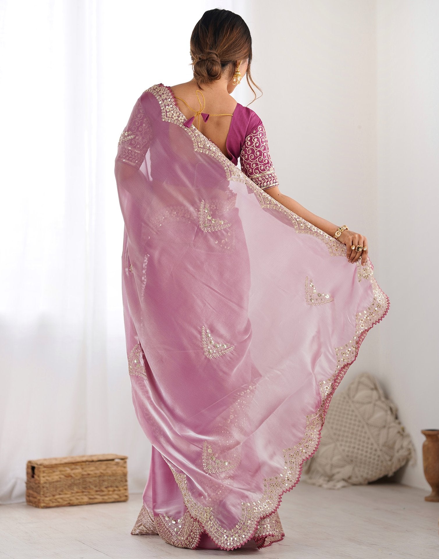 Pink Organza Dyed Embellished Saree