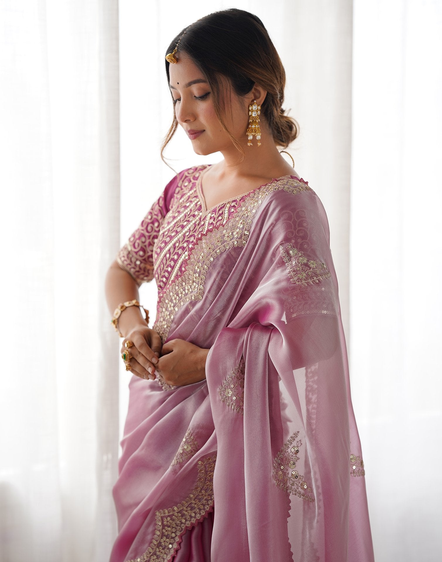 Pink Organza Dyed Embellished Saree