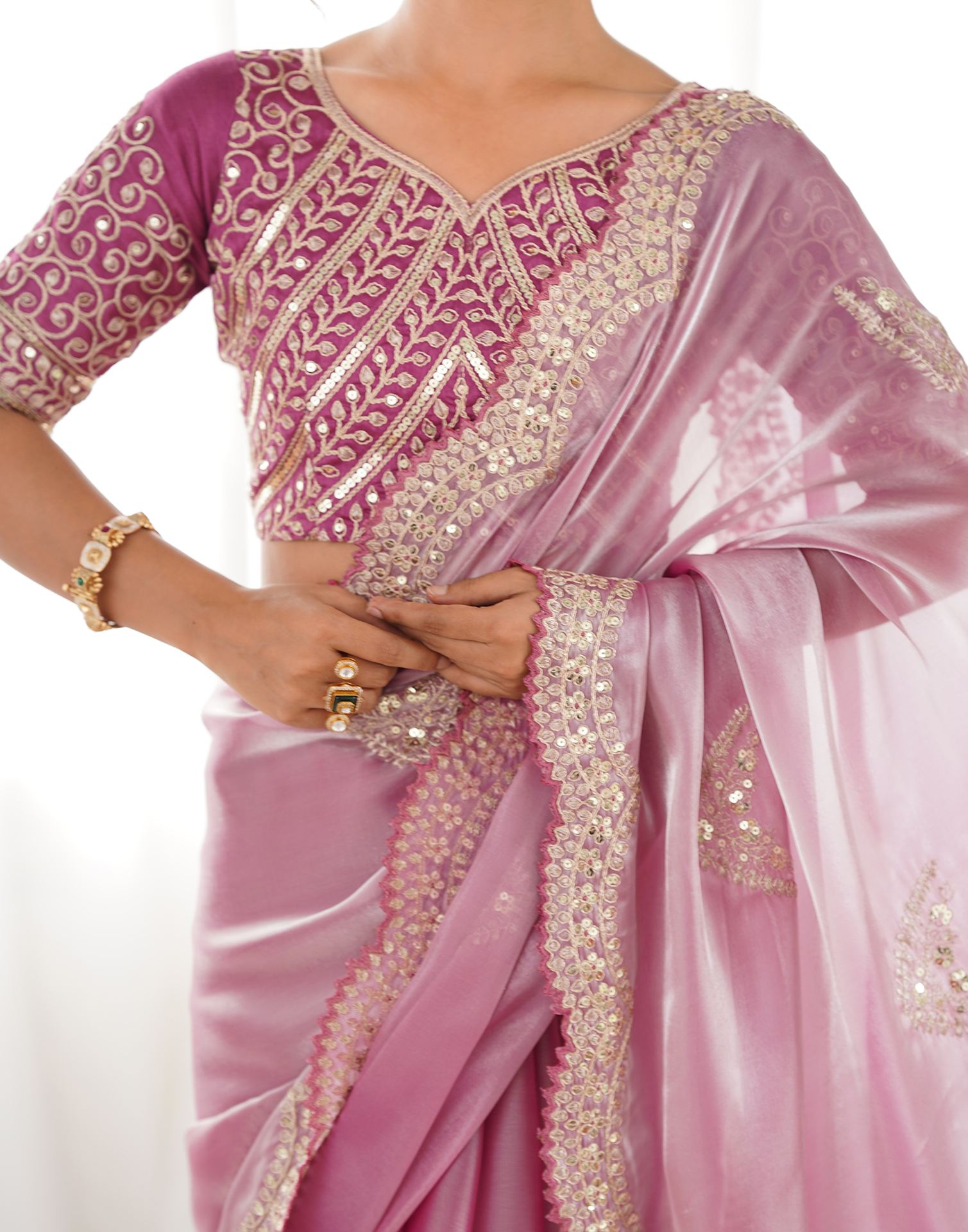 Pink Organza Dyed Embellished Saree