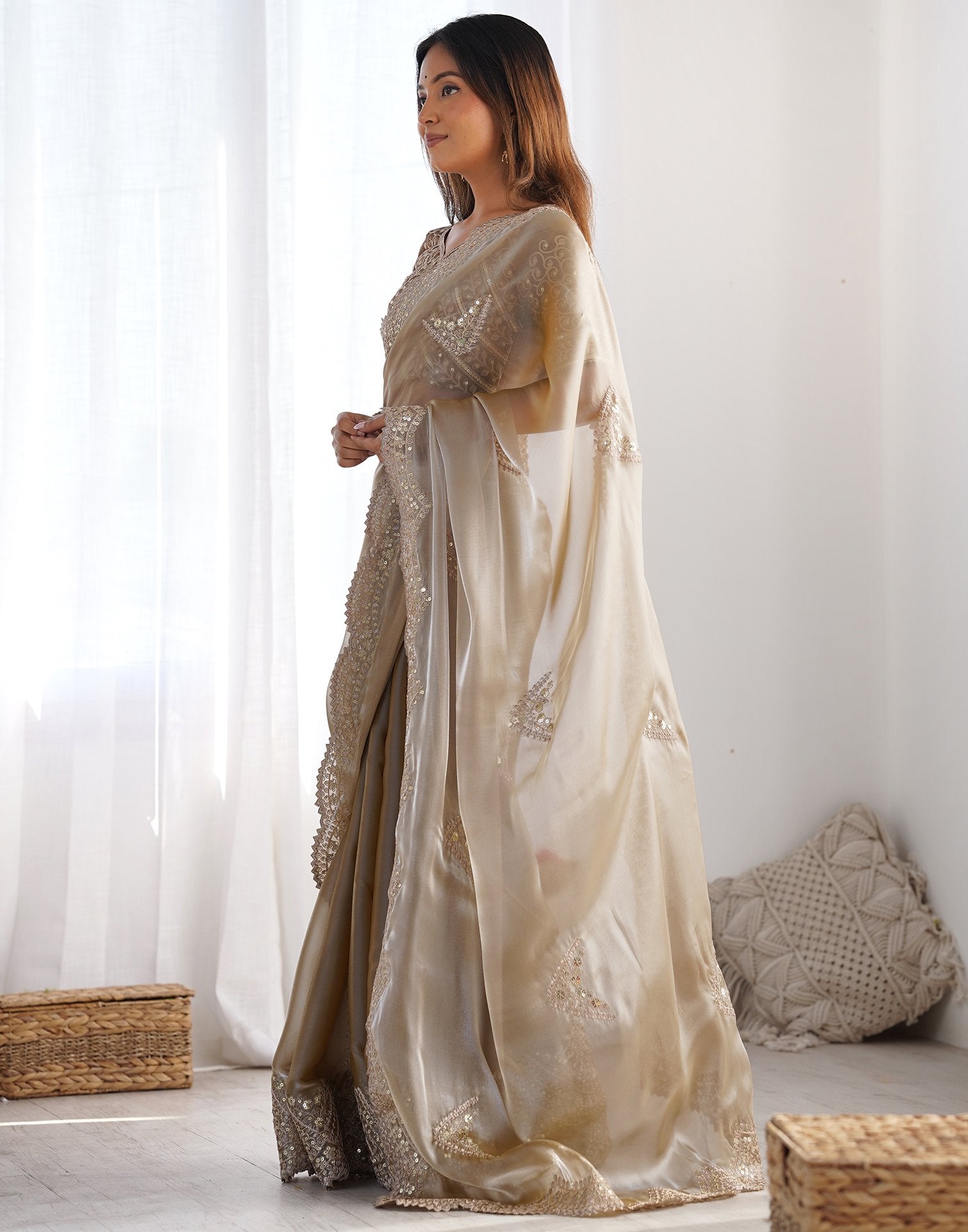 Beige Organza Dyed Embellished Saree