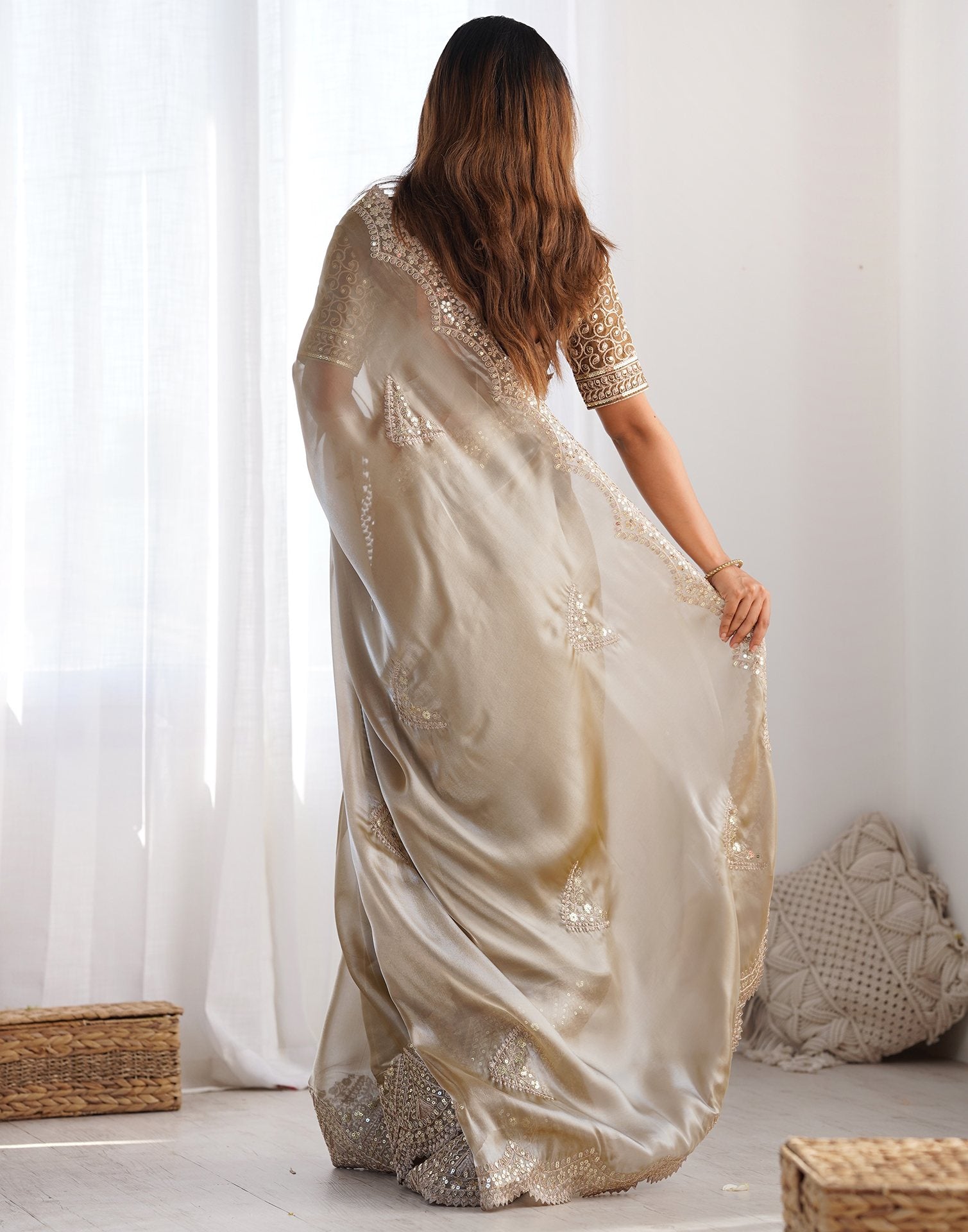 Beige Organza Dyed Embellished Saree