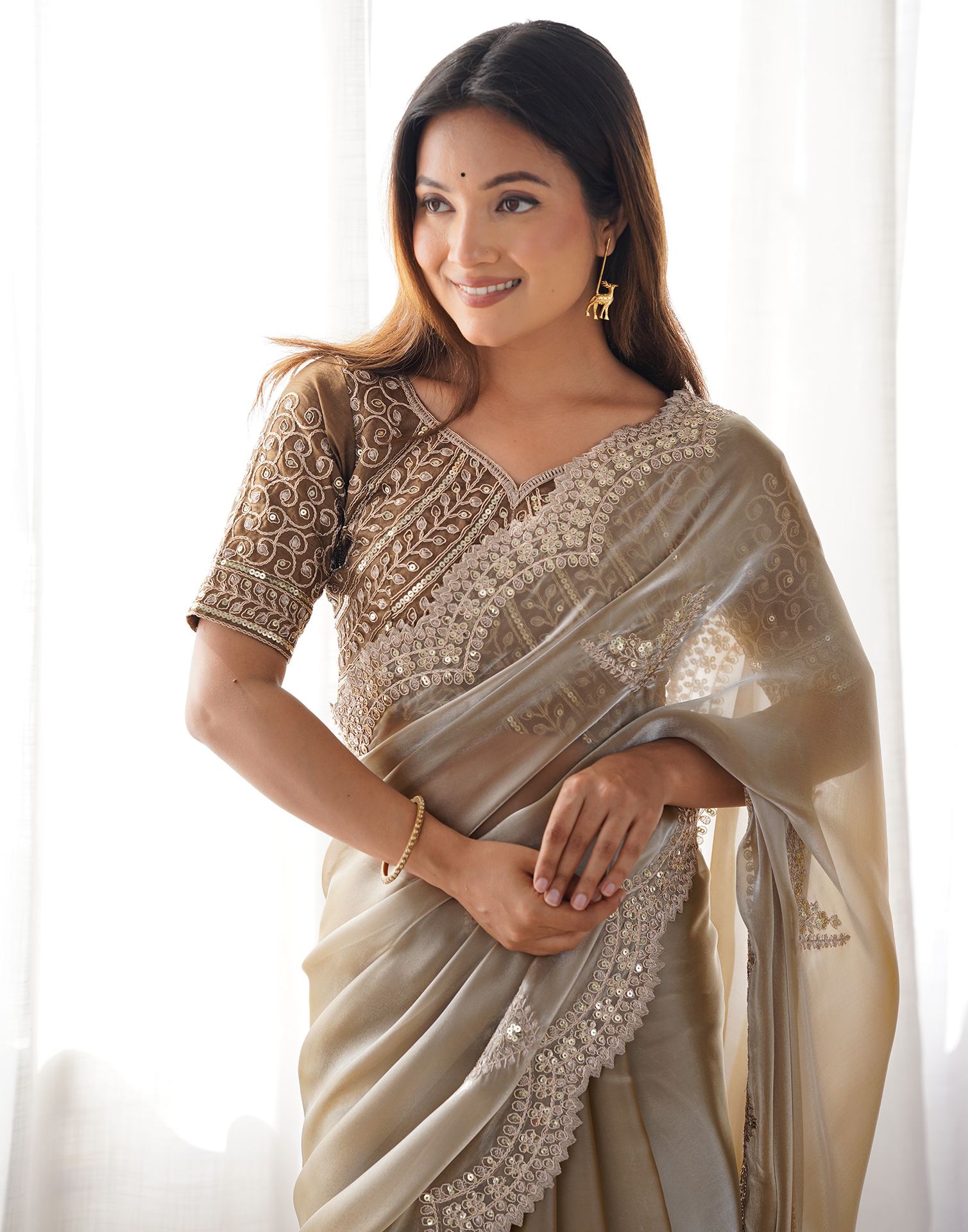 Beige Organza Dyed Embellished Saree