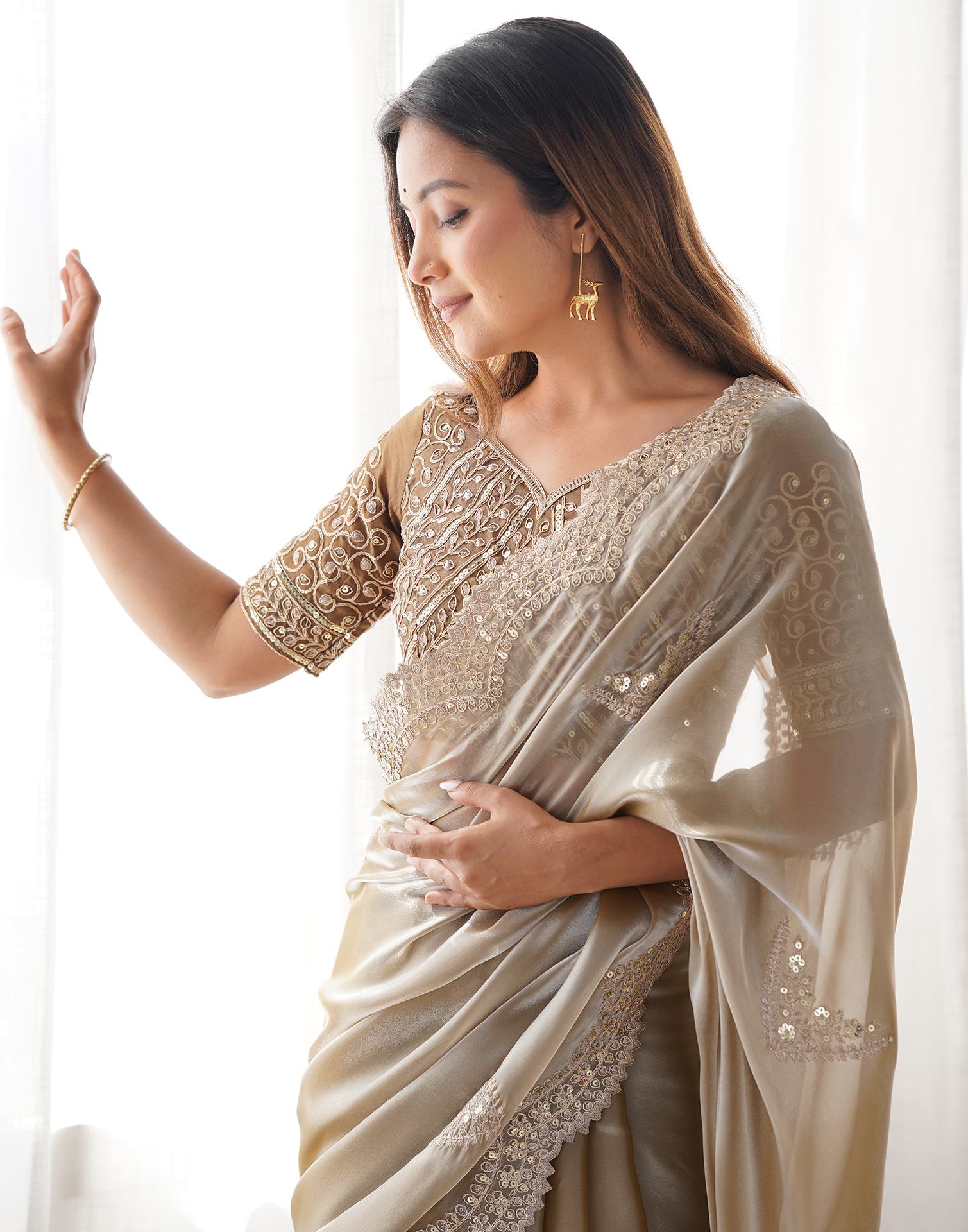 Beige Organza Dyed Embellished Saree