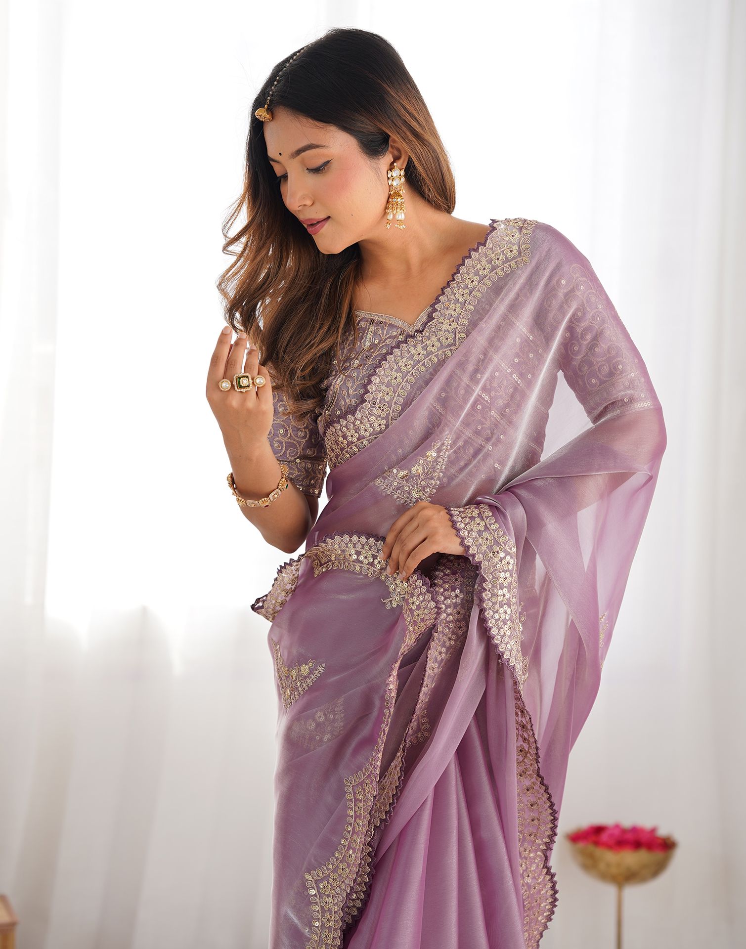 Purple Organza Dyed Embellished Saree