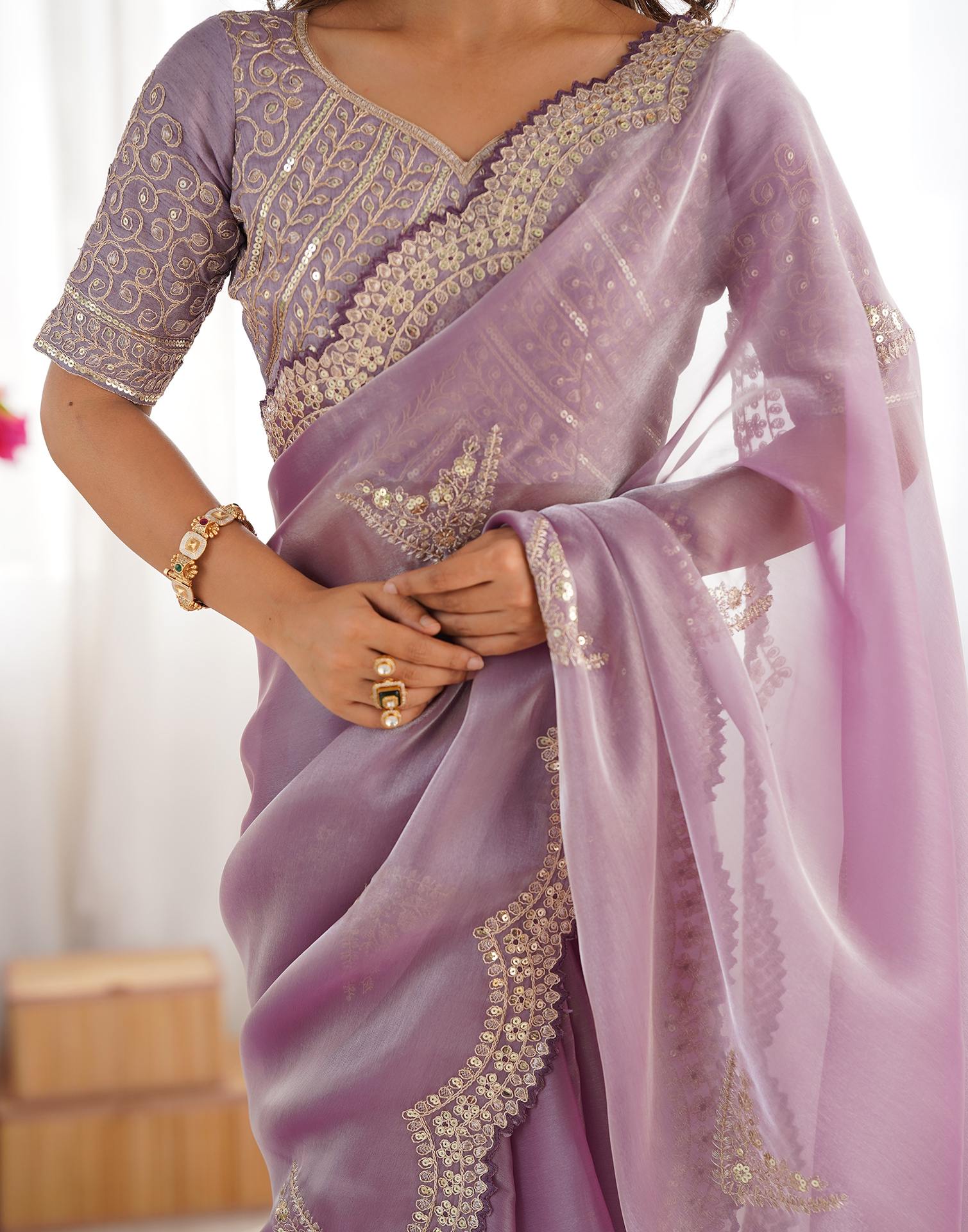 Purple Organza Dyed Embellished Saree